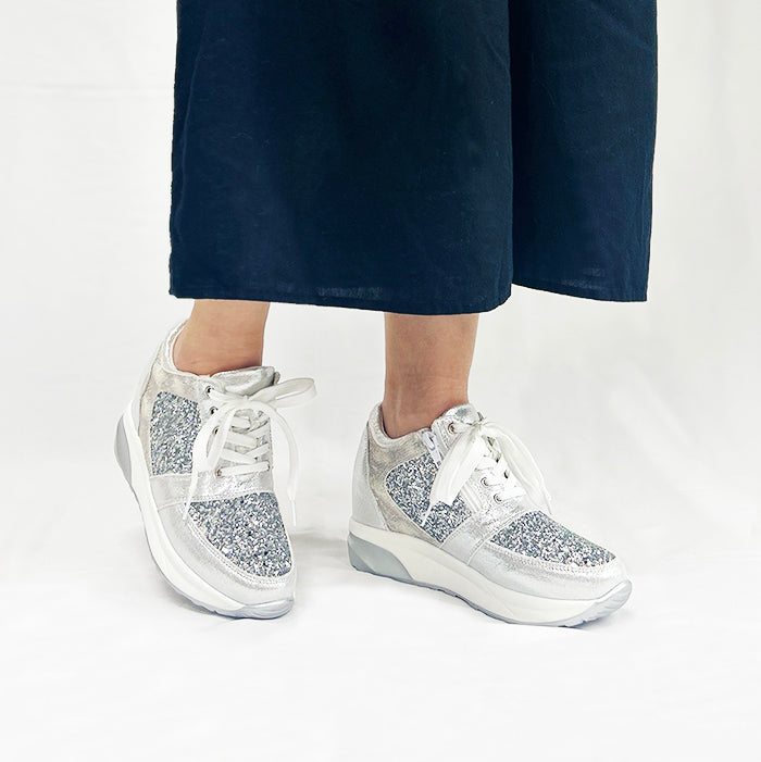MUUM Glitter Lace-Up Side Zipper In-Heel Sneakers