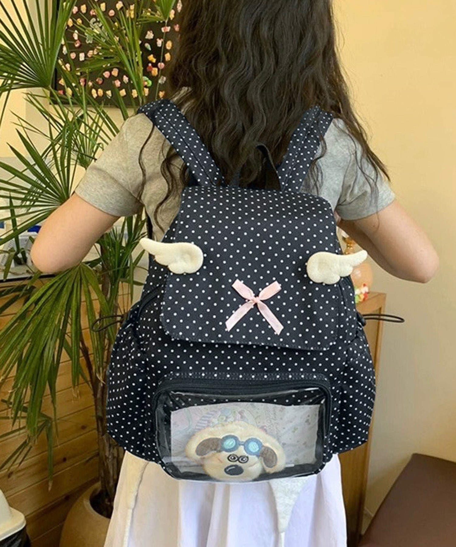 ショップニコニコ ShopNikoNiko ドット柄 クリアポケット付き リュックサック【即納】 韓国ストリート Y2Kファッション 韓国ガーリー A4 学生 旅行 オタ活 推し活バッグ 推し活リュック 痛バッグ （ブラック） ブラック