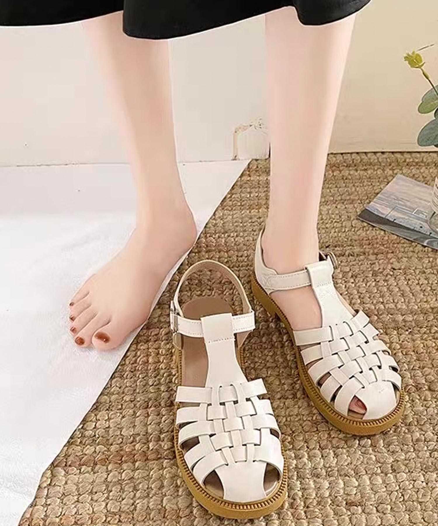 ショップニコニコ ShopNikoNiko フラットソール グルカサンダル【即納】韓国カジュアル 韓国ガーリー リゾート プール  春 夏 秋 フラットサンダル 編み込みサンダル 編み込み ぺたんこ PUレザー （ホワイト） ホワイト