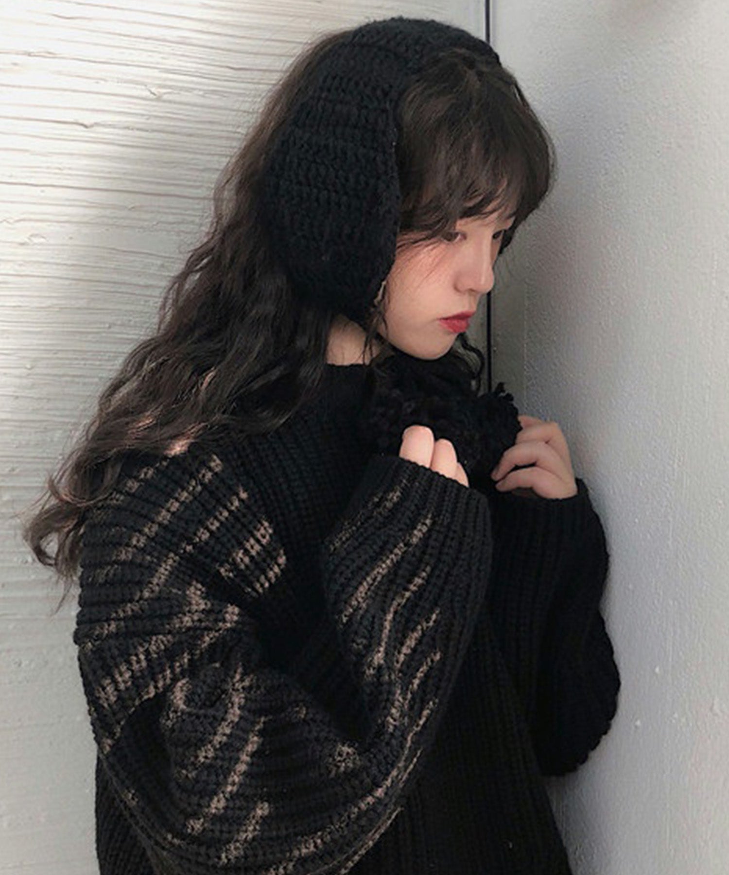 ショップニコニコ ShopNikoNiko 耳あて  イヤーマフラー ポンポン ニット   ma 【即納】 耳当て  イヤマフ 韓国 黒 ブラック グレー アイボリー レディース,ブラック