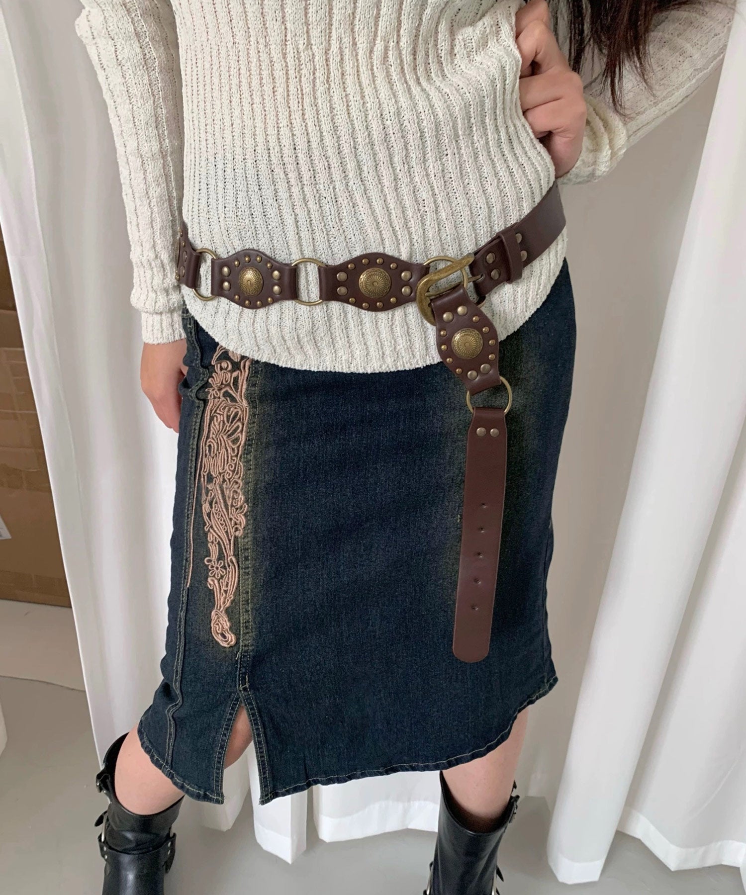 ショップニコニコ ShopNikoNiko ヴィンテージ風 ワイドサークル ウエスタンベルト【即納】韓国カジュアル 古着女子 ベルト ウエストベルト リングベルト チェーンベルト ゴールド バックル コイ