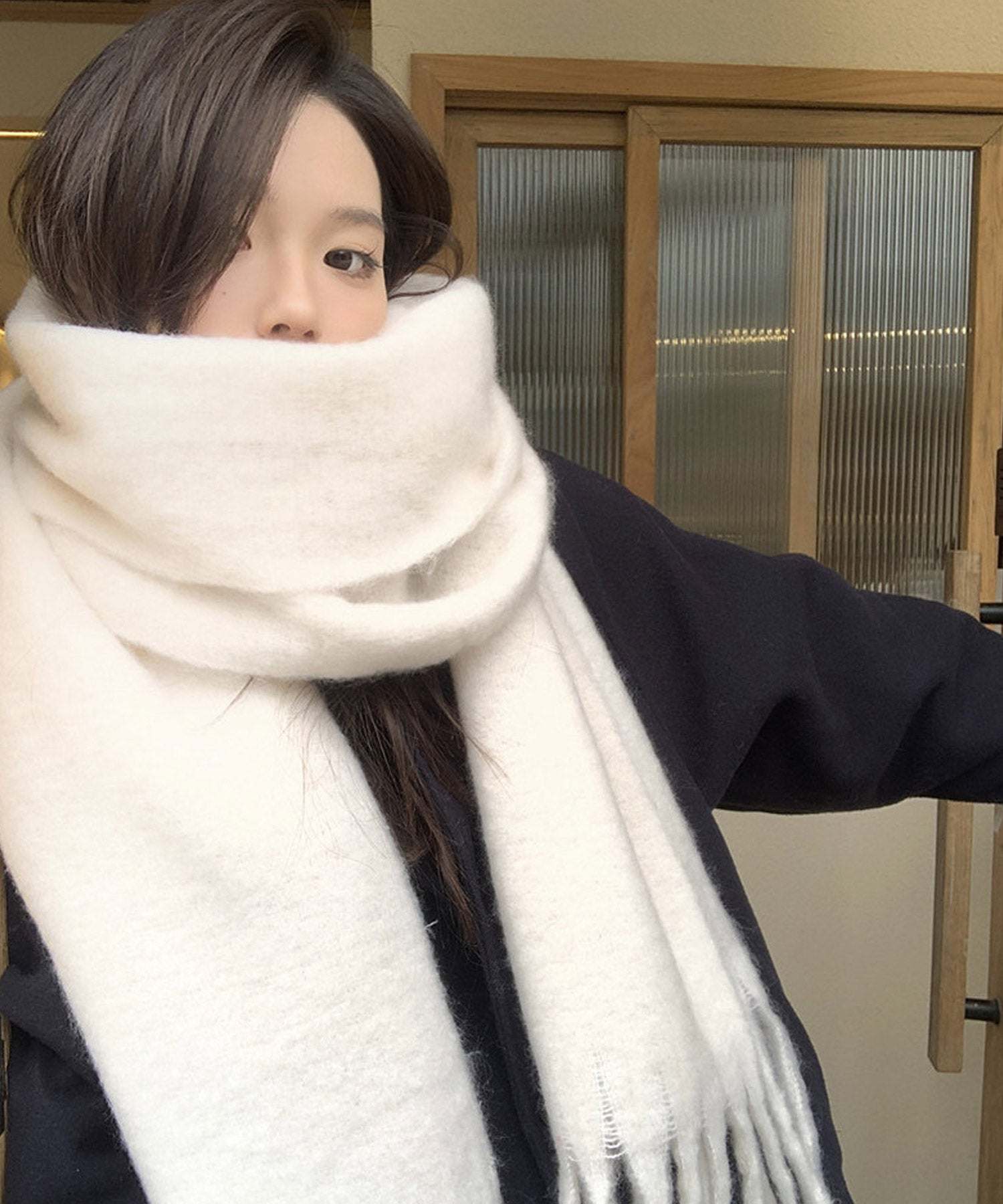 ShopNikoNiko 大容量 大判 流蘇圍巾 韓國休閒 韓國女孩 戶外 休閒 大容量圍巾 冬季配件 防寒措施 溫暖 膝蓋毯 禮物 素色 女士
