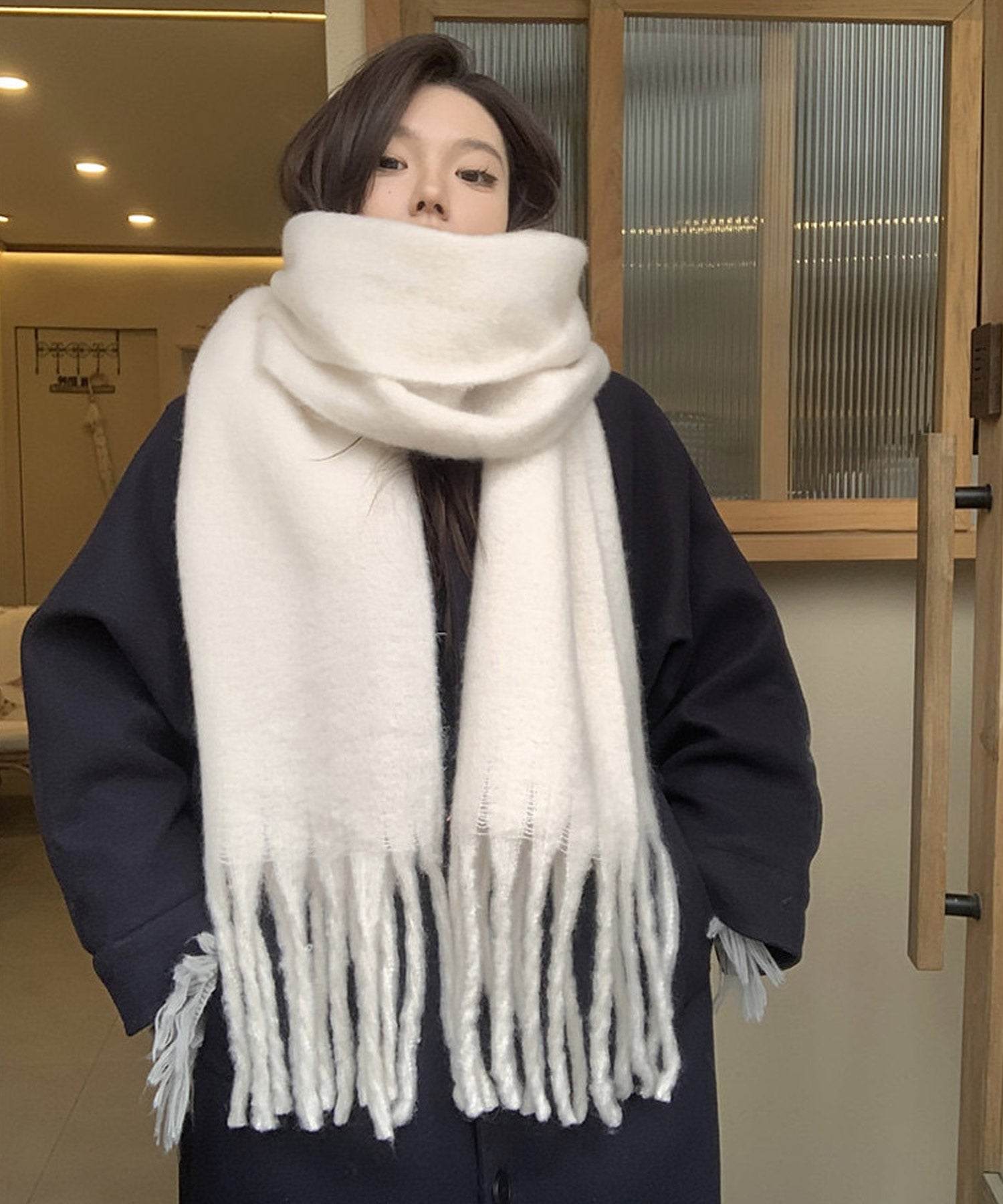 ShopNikoNiko 大容量 大判 流蘇圍巾 韓國休閒 韓國女孩 戶外 休閒 大容量圍巾 冬季配件 防寒措施 溫暖 膝蓋毯 禮物 素色 女士