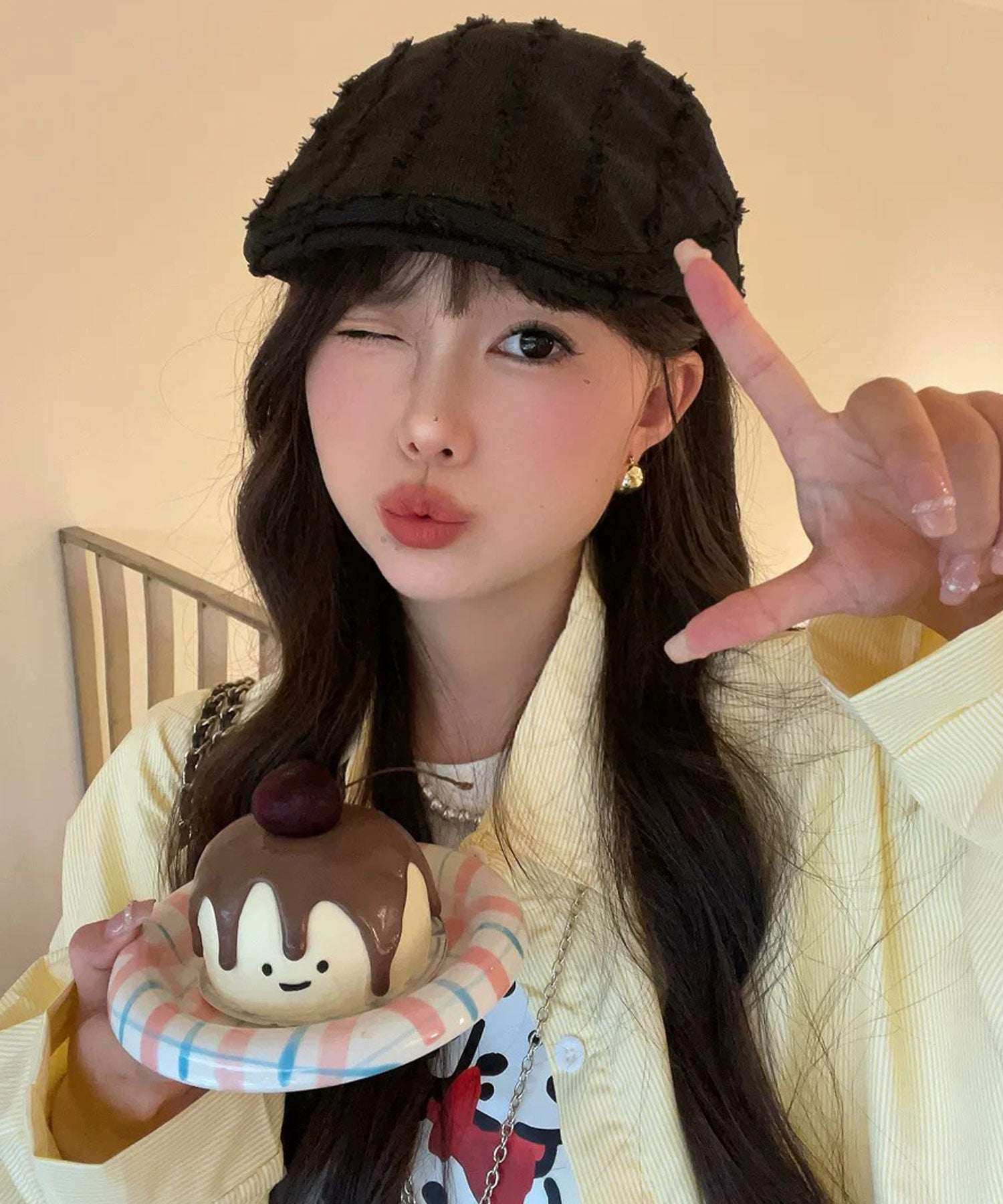 ショップニコニコ ShopNikoNiko ストライプフリンジ ハンチング帽 【即納】韓国カジュアル 韓国ガーリー ワンホンファッション オルチャンファッション フリンジ加工 サイズ調節可能 紫外線対策 UV対策 （ブラック） ブラック