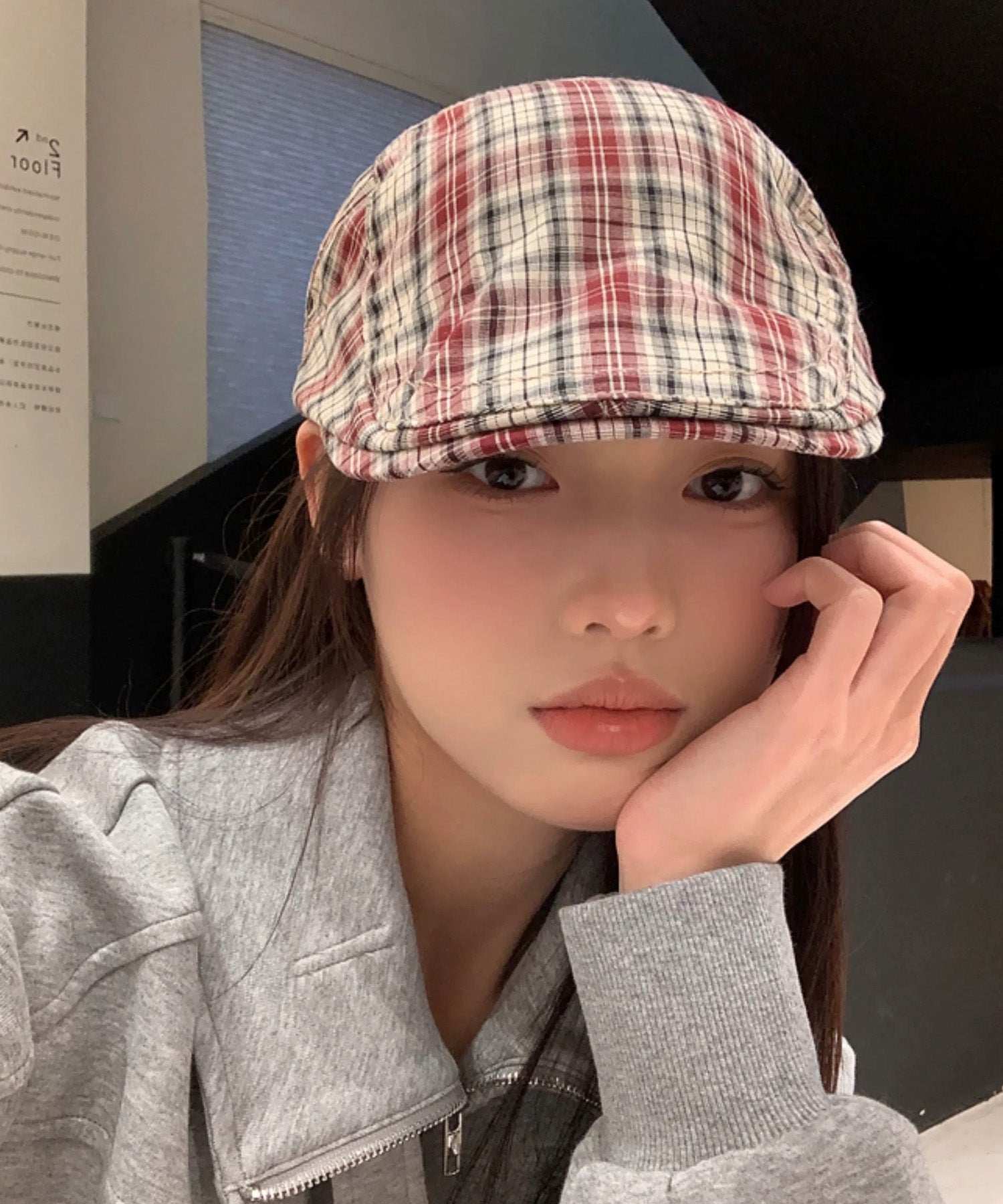 ショップニコニコ ShopNikoNiko チェック柄 スクエアベルト ハンチング帽【即納】韓国カジュアル 海外女子 アメカジ 韓国ガーリー シーズンレス 帽子 ハンチングキャップ サイドベルト ヴィンテージ レトロ （レッド） レッド