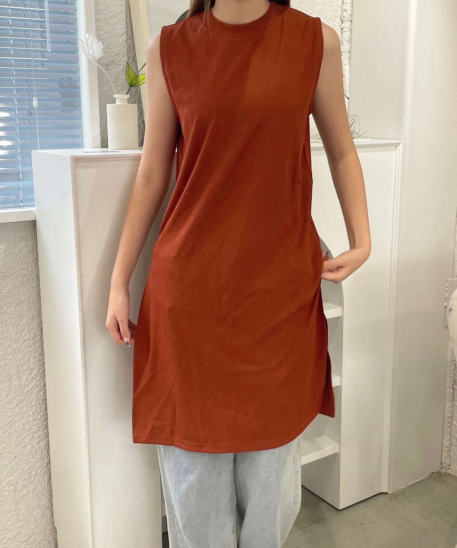 ショップニコニコ ShopNikoNiko ベルト付き細リブスリットチュニック 【即納】 シンプル ベルト付き 細リブスリット チュニック トレンド レディース 韓国ファッション 流行