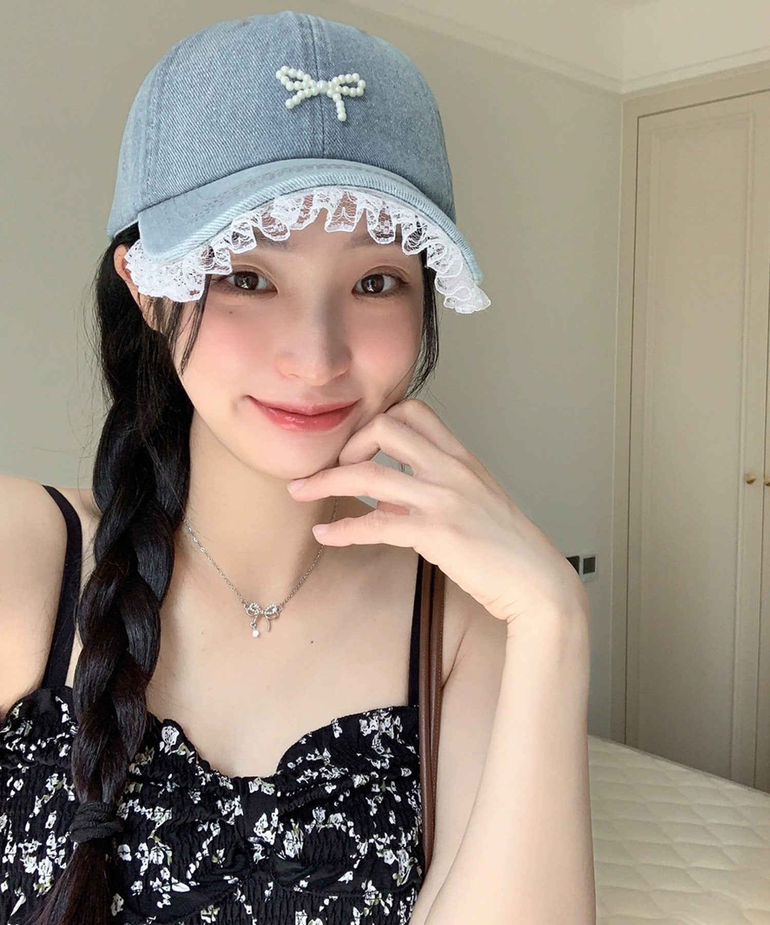 ショップニコニコ ShopNikoNiko パールリボン レース デニムキャップ【即納】キャップ 帽子 リボン フェイクパール フェイクパールリボン 韓国カジュアル 韓国ガーリー フレンチガーリー 調節可