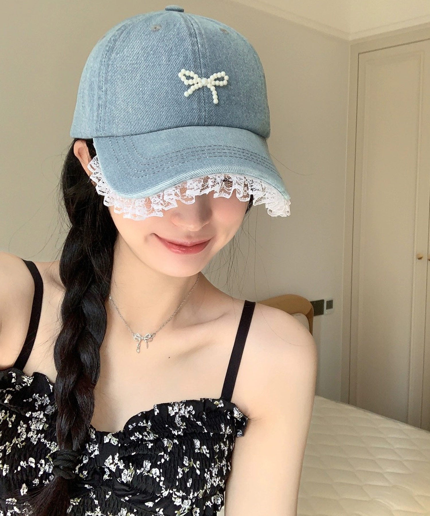 ショップニコニコ ShopNikoNiko パールリボン レース デニムキャップ【即納】キャップ 帽子 リボン フェイクパール フェイクパールリボン 韓国カジュアル 韓国ガーリー フレンチガーリー 調節可