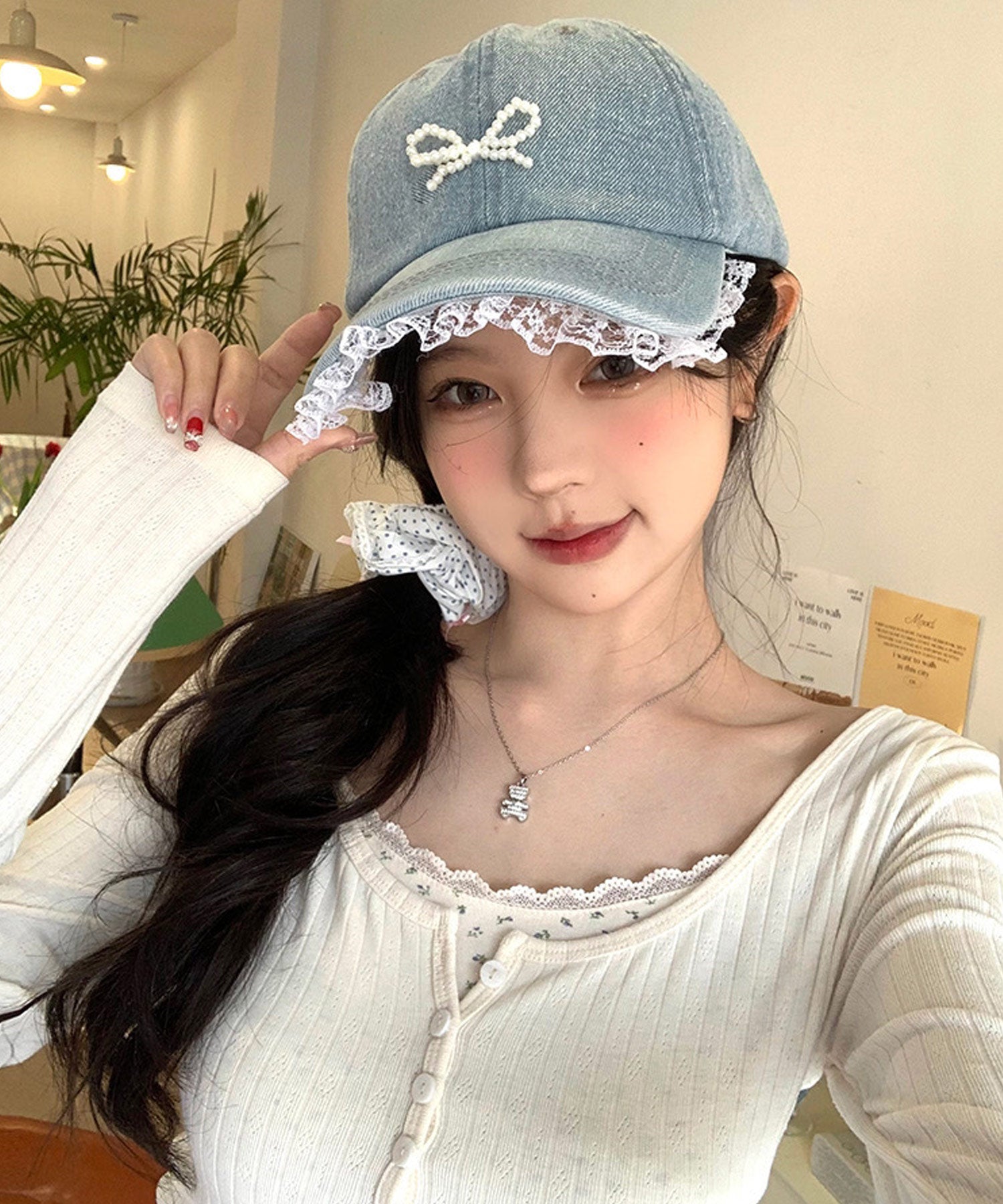 ショップニコニコ ShopNikoNiko パールリボン レース デニムキャップ【即納】キャップ 帽子 リボン フェイクパール フェイクパールリボン 韓国カジュアル 韓国ガーリー フレンチガーリー 調節可