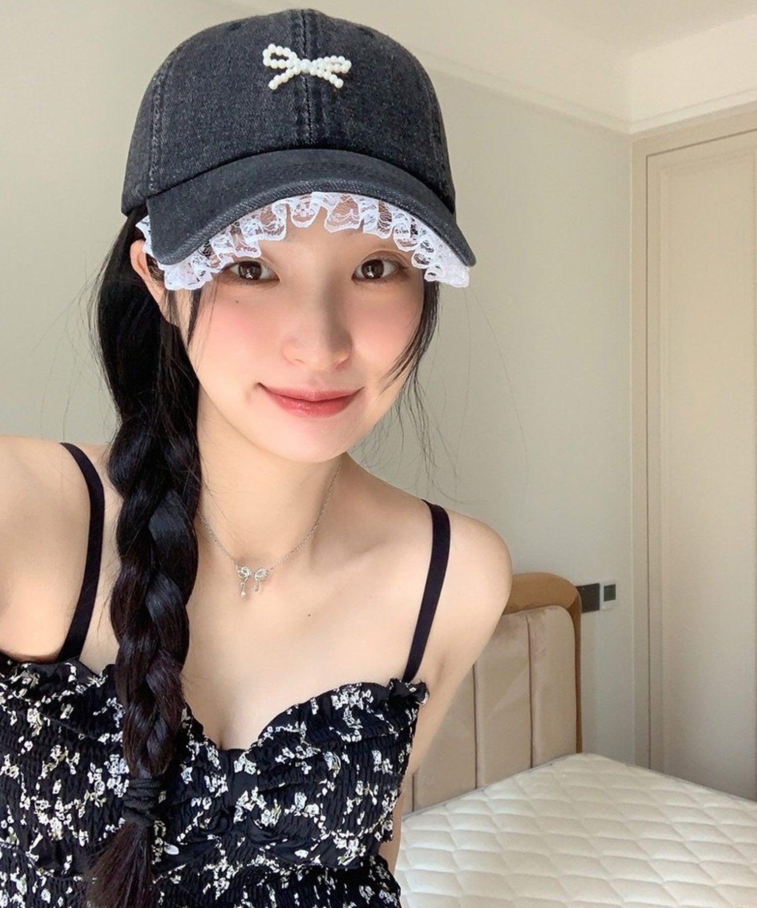 ショップニコニコ ShopNikoNiko パールリボン レース デニムキャップ【即納】キャップ 帽子 リボン フェイクパール フェイクパールリボン 韓国カジュアル 韓国ガーリー フレンチガーリー 調節可