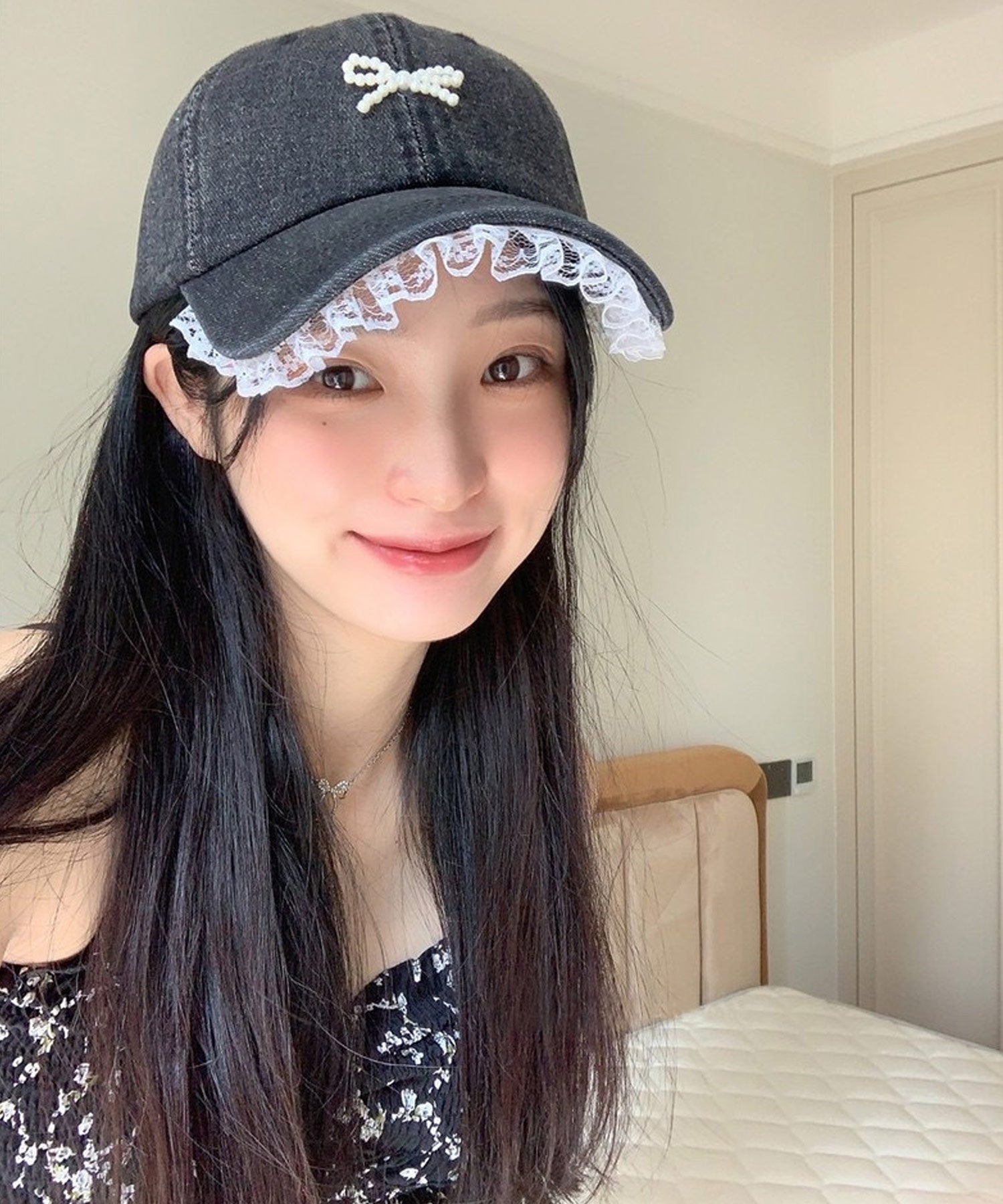 ショップニコニコ ShopNikoNiko パールリボン レース デニムキャップ【即納】キャップ 帽子 リボン フェイクパール フェイクパールリボン 韓国カジュアル 韓国ガーリー フレンチガーリー 調節可