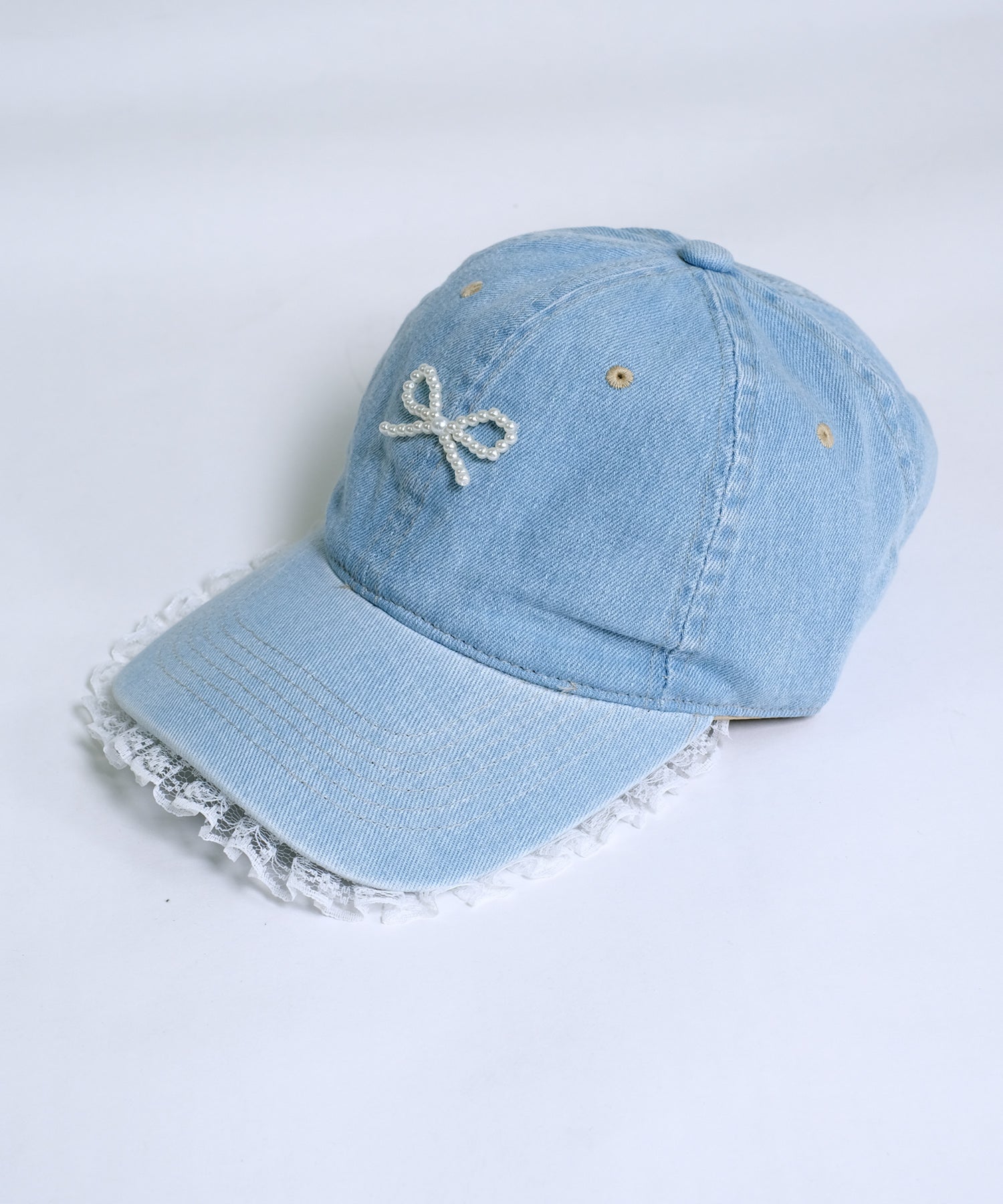 ショップニコニコ ShopNikoNiko パールリボン レース デニムキャップ【即納】キャップ 帽子 リボン フェイクパール フェイクパールリボン 韓国カジュアル 韓国ガーリー フレンチガーリー 調節可