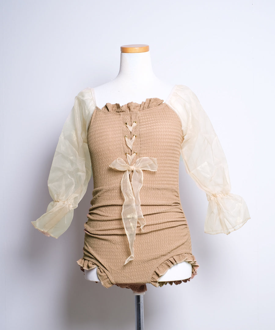 ショップニコニコ ShopNikoNiko シースルーパフスリーブ 長袖ワンピース水着 【即納】 水着 スイムウェア ビキニ レオタード モノキニ レースアップ リボン フリル カップ付き 体型カバー 海【返品不可商品】 （ブラック） ブラック