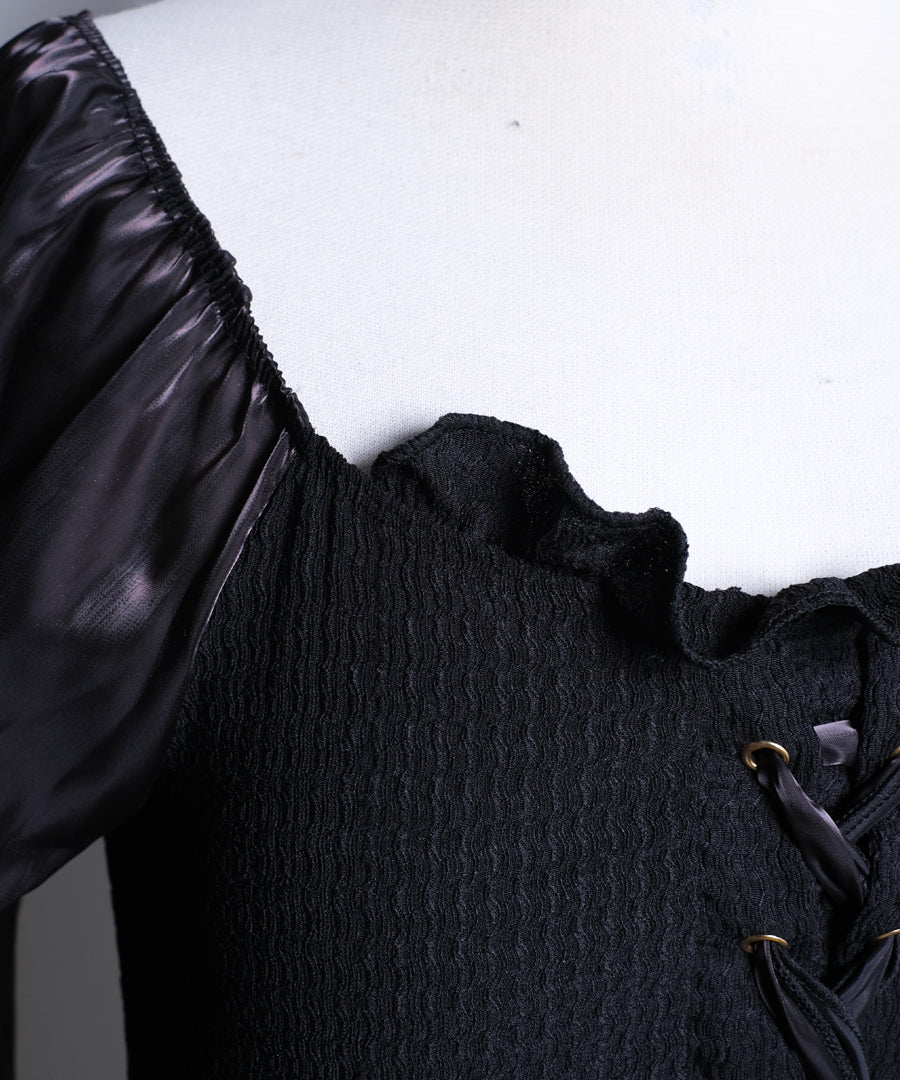 ショップニコニコ ShopNikoNiko シースルーパフスリーブ 長袖ワンピース水着 【即納】 水着 スイムウェア ビキニ レオタード モノキニ レースアップ リボン フリル カップ付き 体型カバー 海【返品不可商品】 （ブラック） ブラック