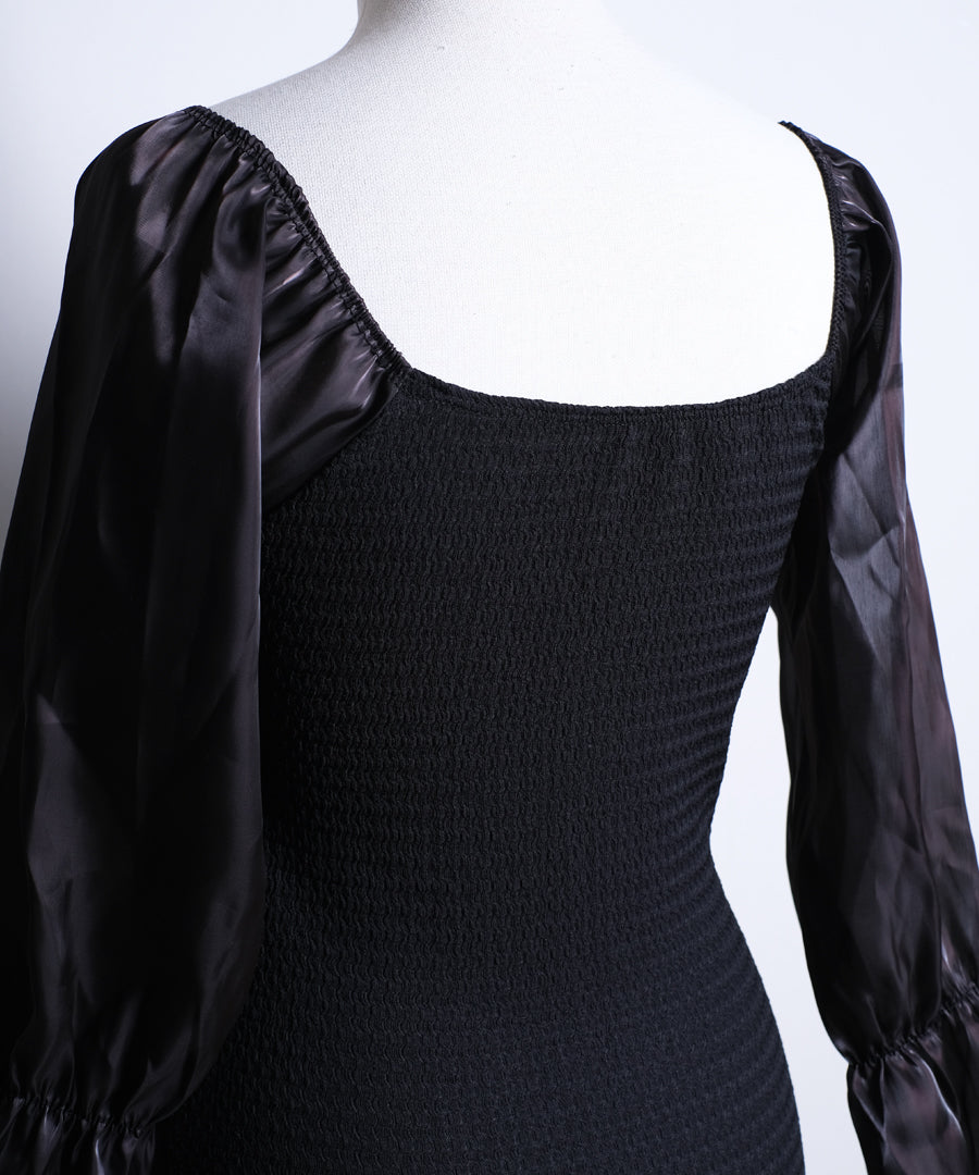 ショップニコニコ ShopNikoNiko シースルーパフスリーブ 長袖ワンピース水着 【即納】 水着 スイムウェア ビキニ レオタード モノキニ レースアップ リボン フリル カップ付き 体型カバー 海【返品不可商品】 （ブラック） ブラック