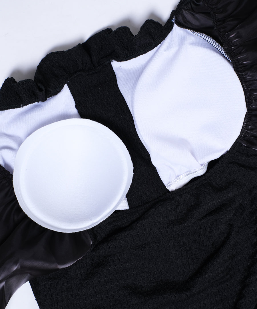 ショップニコニコ ShopNikoNiko シースルーパフスリーブ 長袖ワンピース水着 【即納】 水着 スイムウェア ビキニ レオタード モノキニ レースアップ リボン フリル カップ付き 体型カバー 海【返品不可商品】 （ブラック） ブラック