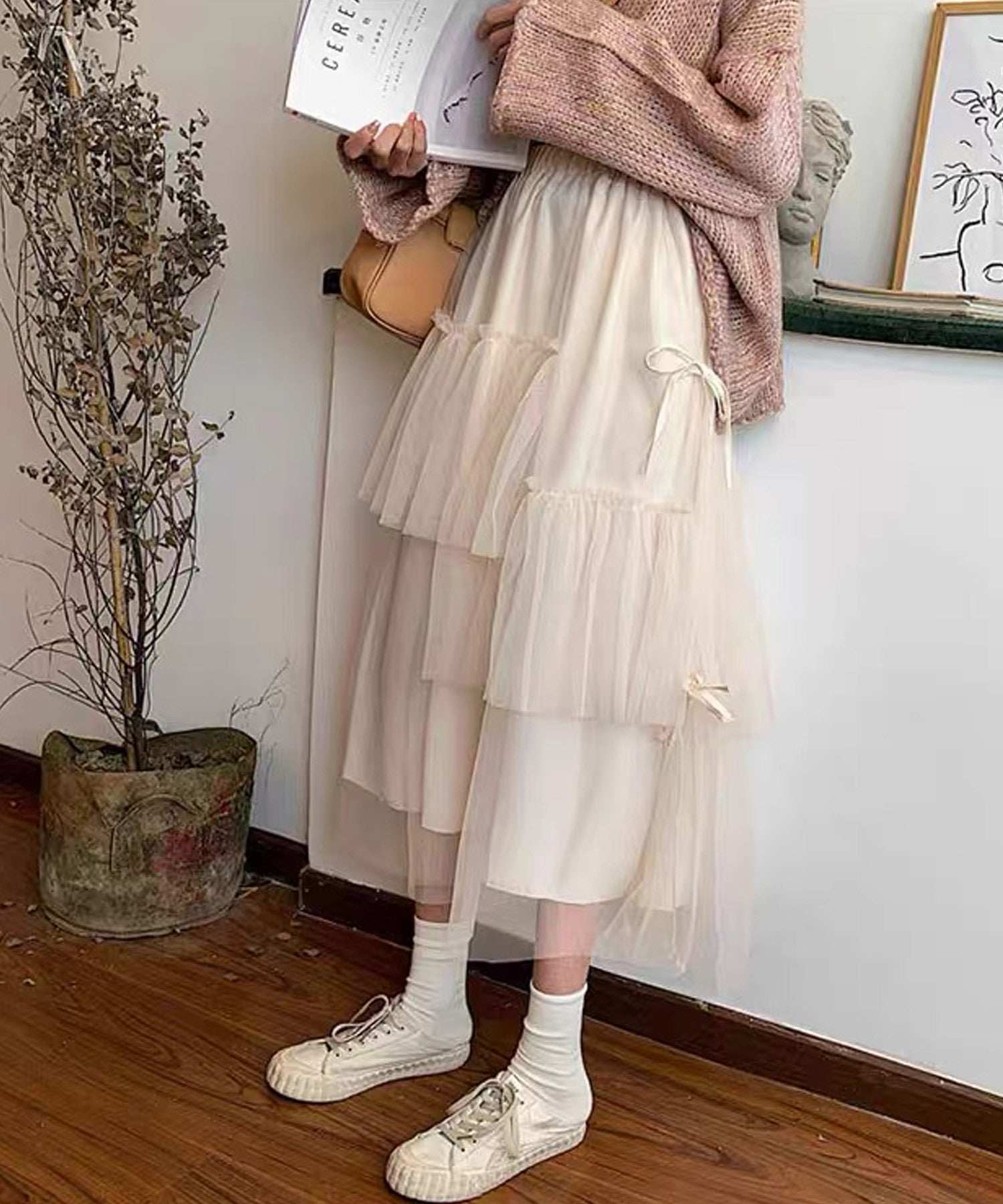 ショップニコニコ ShopNikoNiko リボン付き ボリューム チュールスカート 【即納】 ロングスカート ミディアム リボン シフォン フリル 段々 ティアード  チグハグ 異素材 シースルー 透け