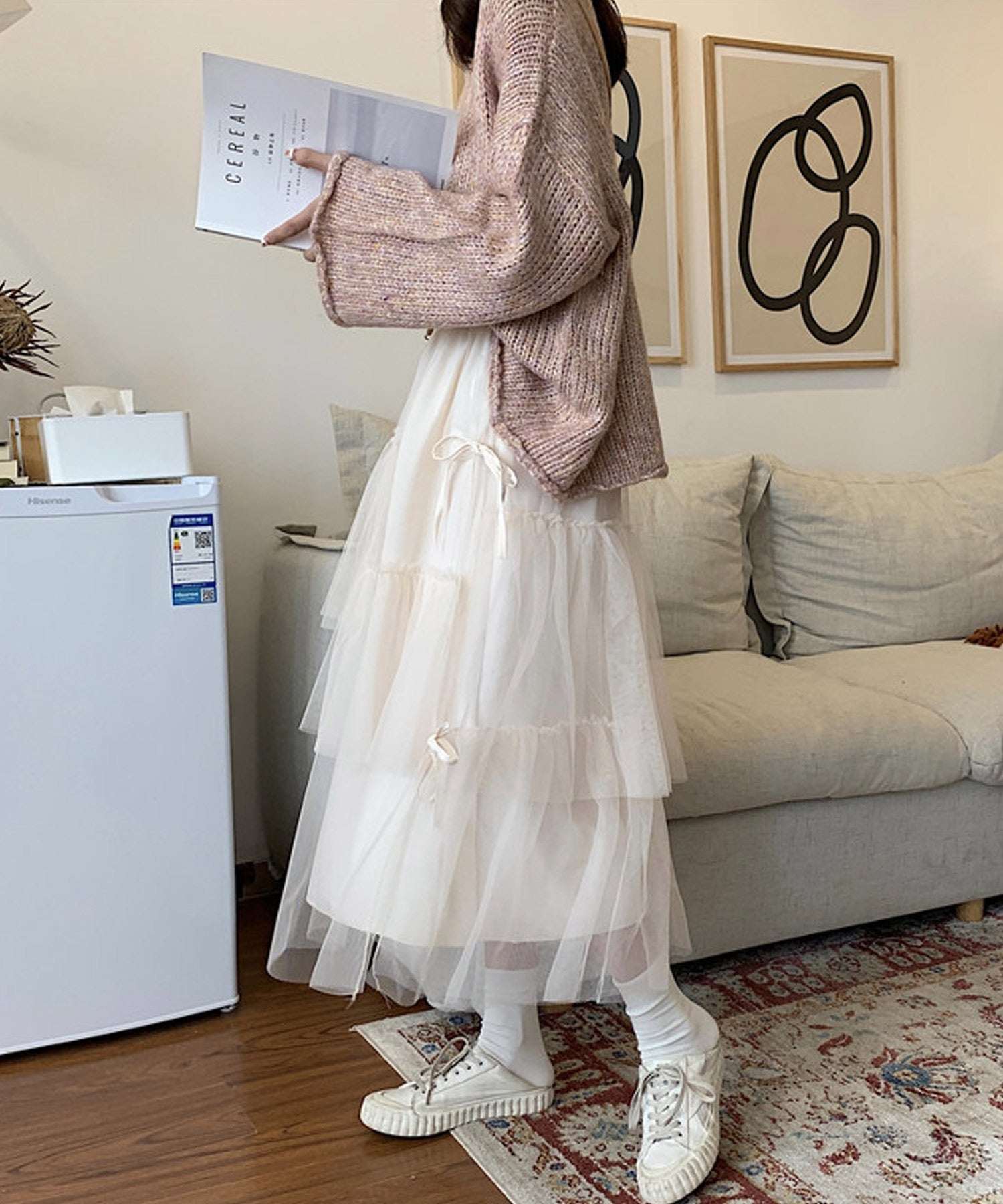 ショップニコニコ ShopNikoNiko リボン付き ボリューム チュールスカート 【即納】 ロングスカート ミディアム リボン シフォン フリル 段々 ティアード  チグハグ 異素材 シースルー 透け