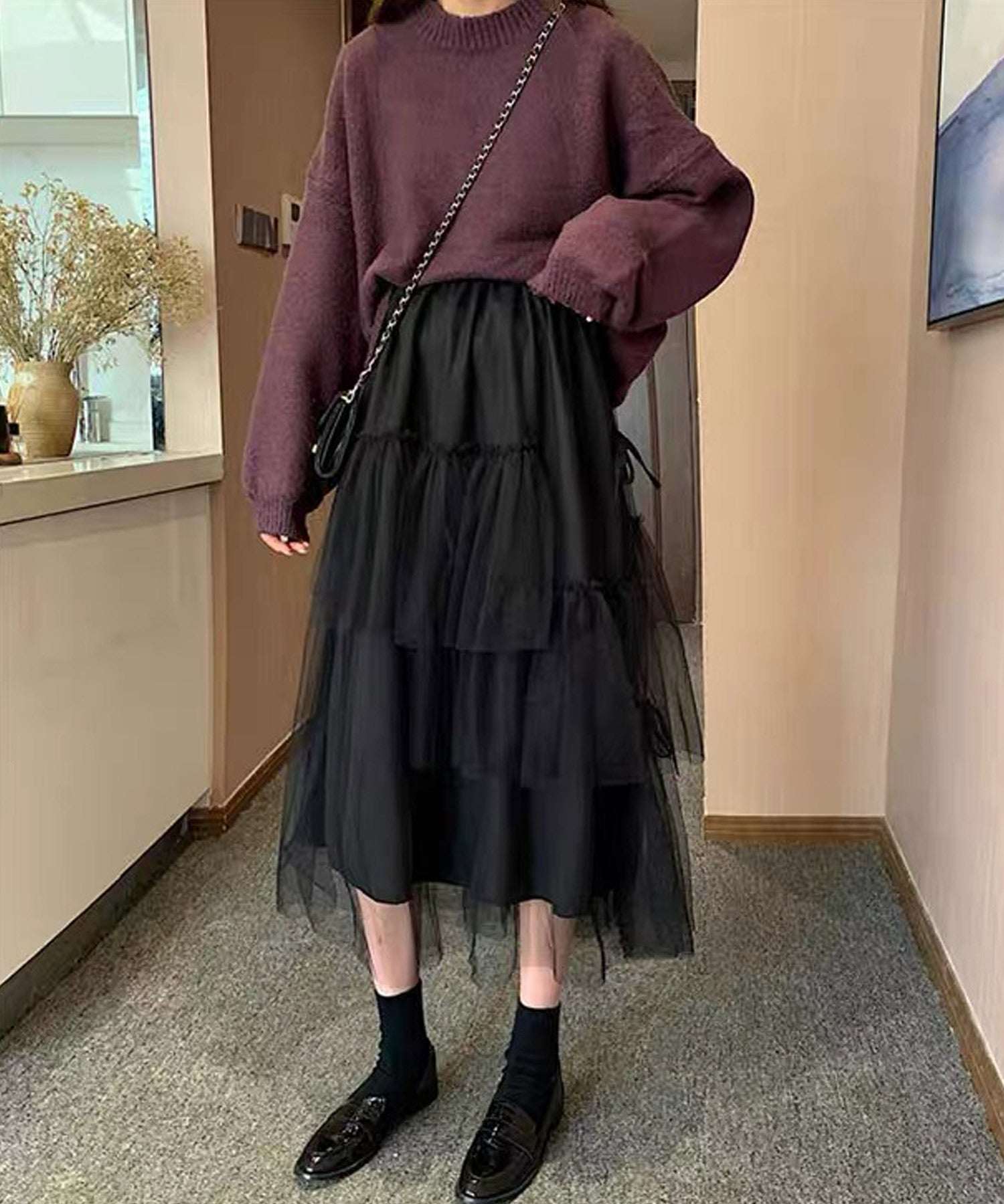 ショップニコニコ ShopNikoNiko リボン付き ボリューム チュールスカート 【即納】 ロングスカート ミディアム リボン シフォン フリル 段々 ティアード  チグハグ 異素材 シースルー 透け