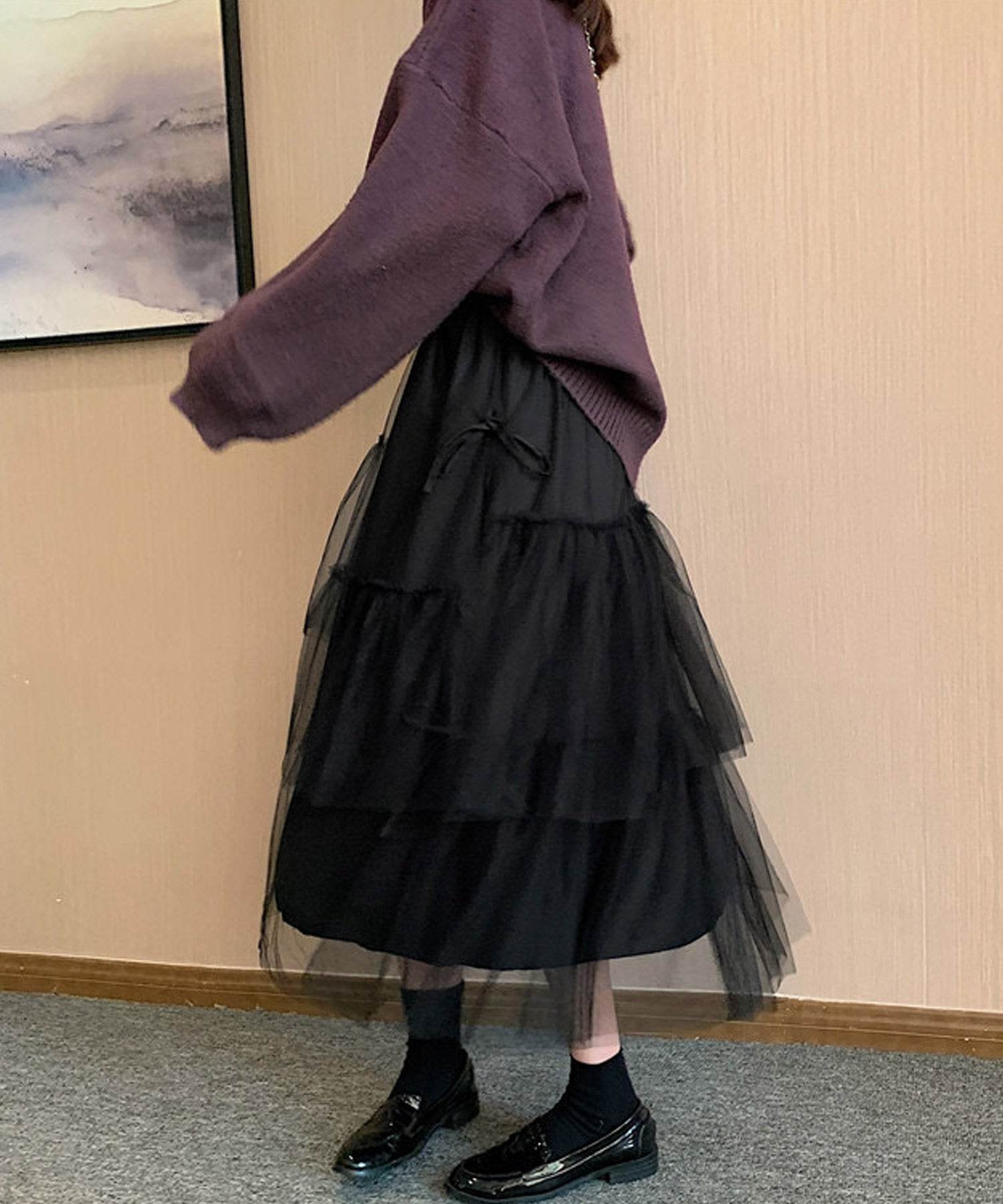 ショップニコニコ ShopNikoNiko リボン付き ボリューム チュールスカート 【即納】 ロングスカート ミディアム リボン シフォン フリル 段々 ティアード  チグハグ 異素材 シースルー 透け