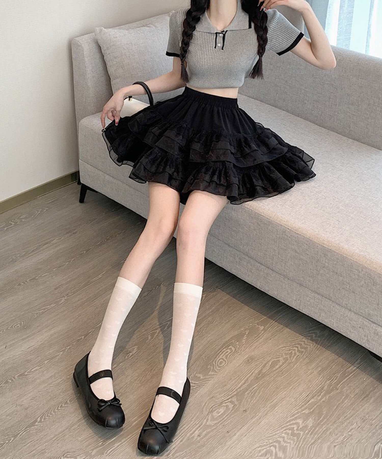 NikoNiko Shop High Waist Tiered Frill Mini Skirt ma Tiered Tulle Lace