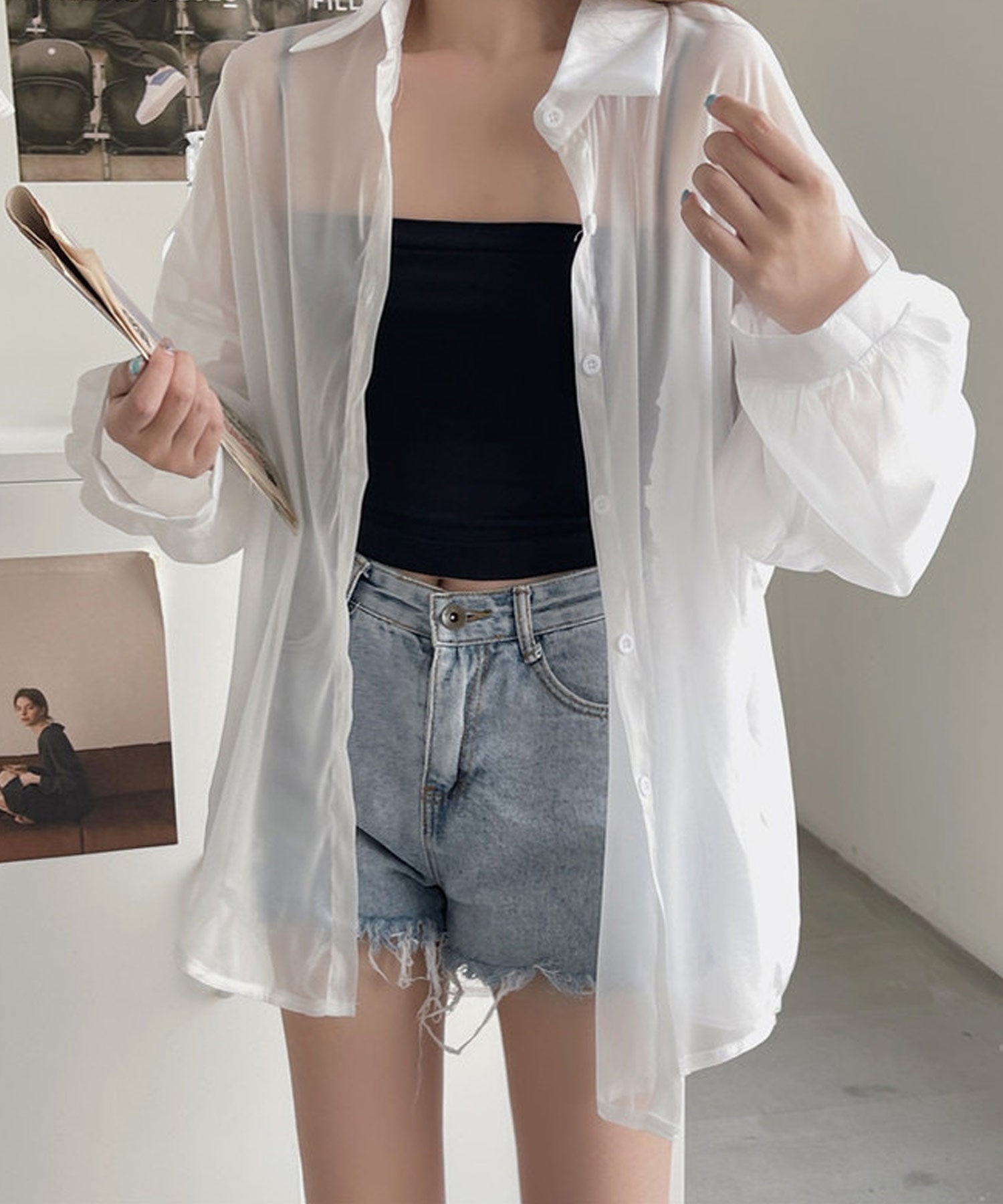 ショップニコニコ ShopNikoNiko シースルー ボリュームシアーシャツ ma 【即納】 トップス シャツ ブラウス 長袖 シアーシャツ シースルー シアー 羽織り オーバーサイズ ビックシルエット
