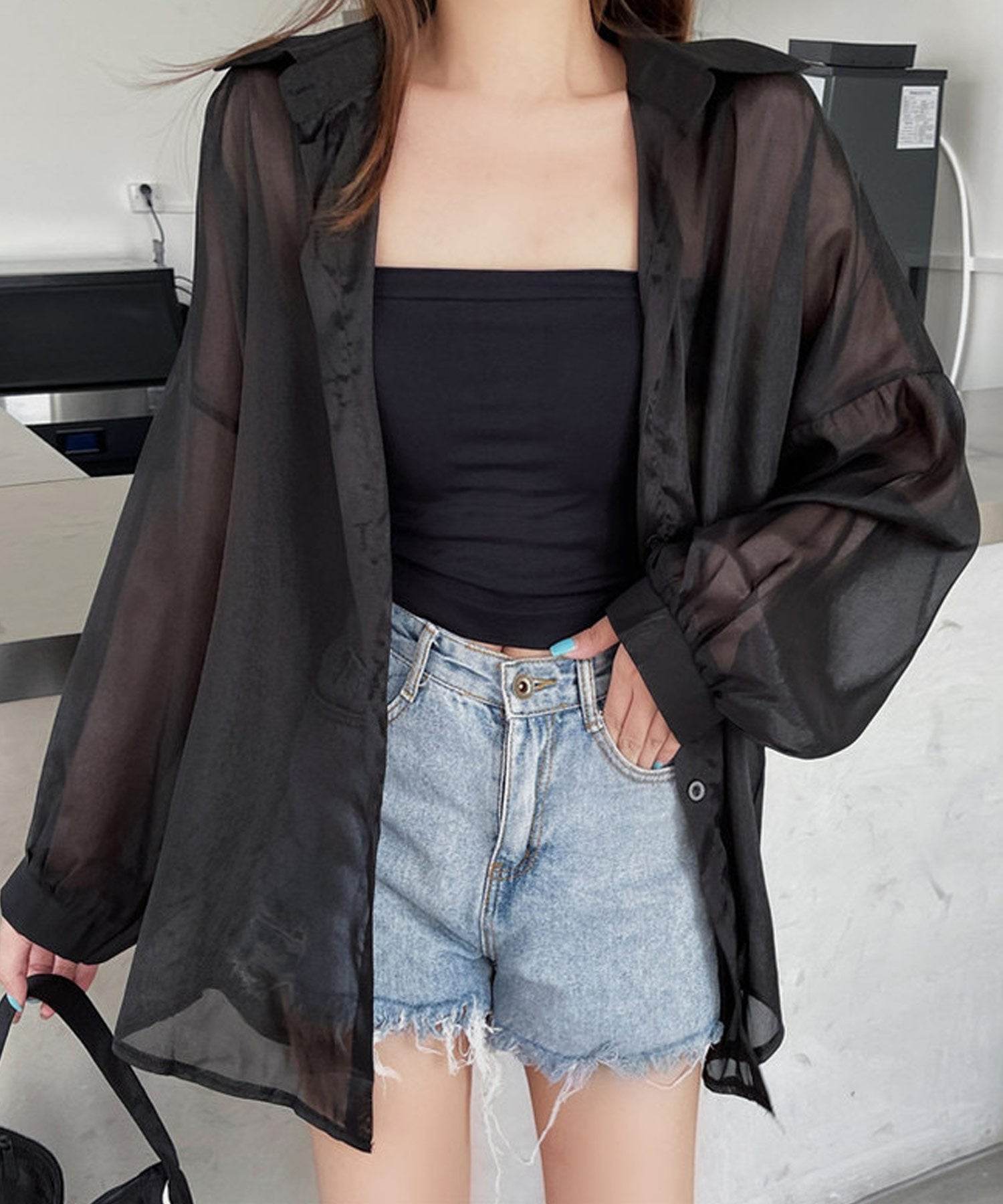 ショップニコニコ ShopNikoNiko シースルー ボリュームシアーシャツ ma 【即納】 トップス シャツ ブラウス 長袖 シアーシャツ シースルー シアー 羽織り オーバーサイズ ビックシルエット