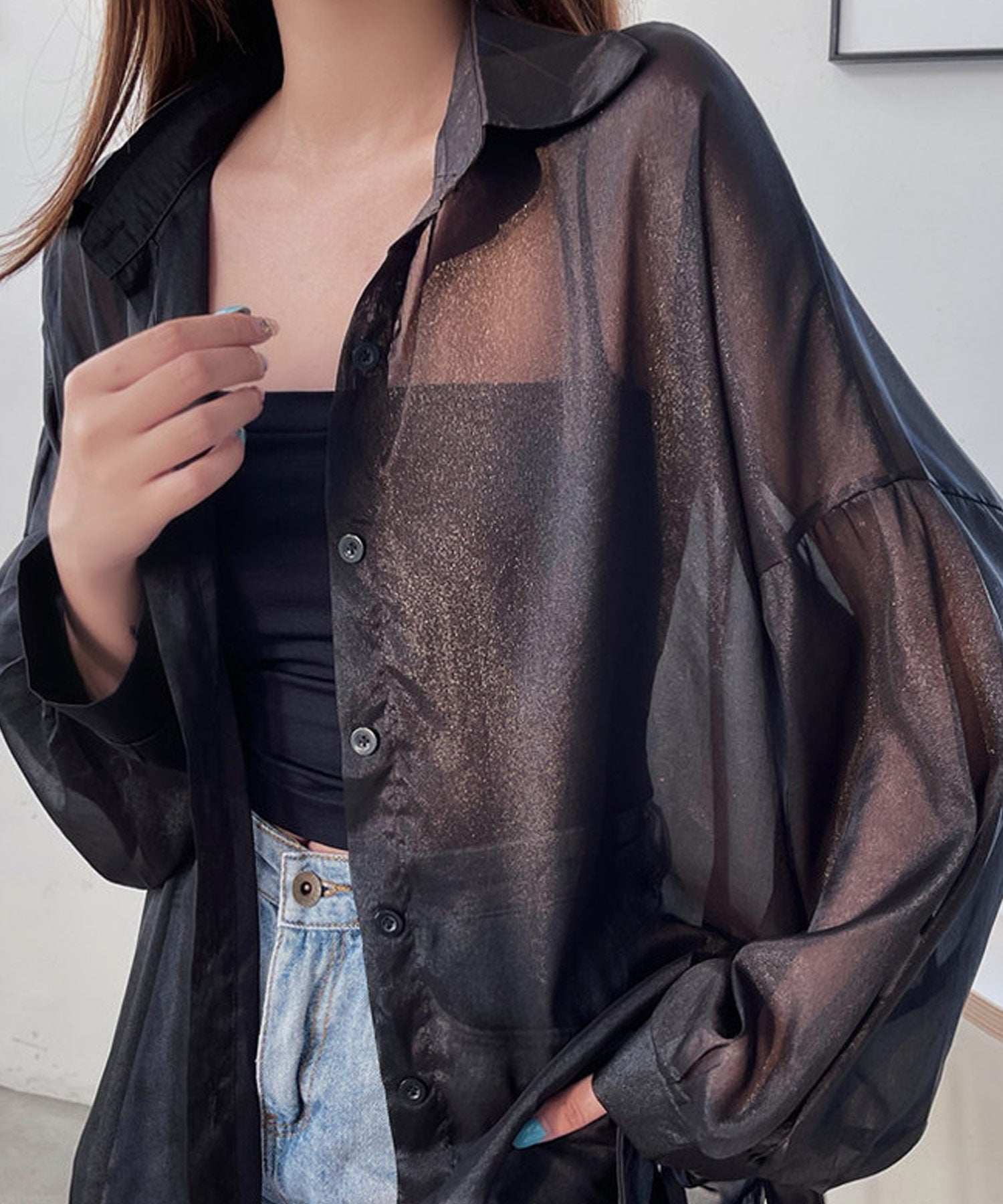 ショップニコニコ ShopNikoNiko シースルー ボリュームシアーシャツ ma 【即納】 トップス シャツ ブラウス 長袖 シアーシャツ シースルー シアー 羽織り オーバーサイズ ビックシルエット