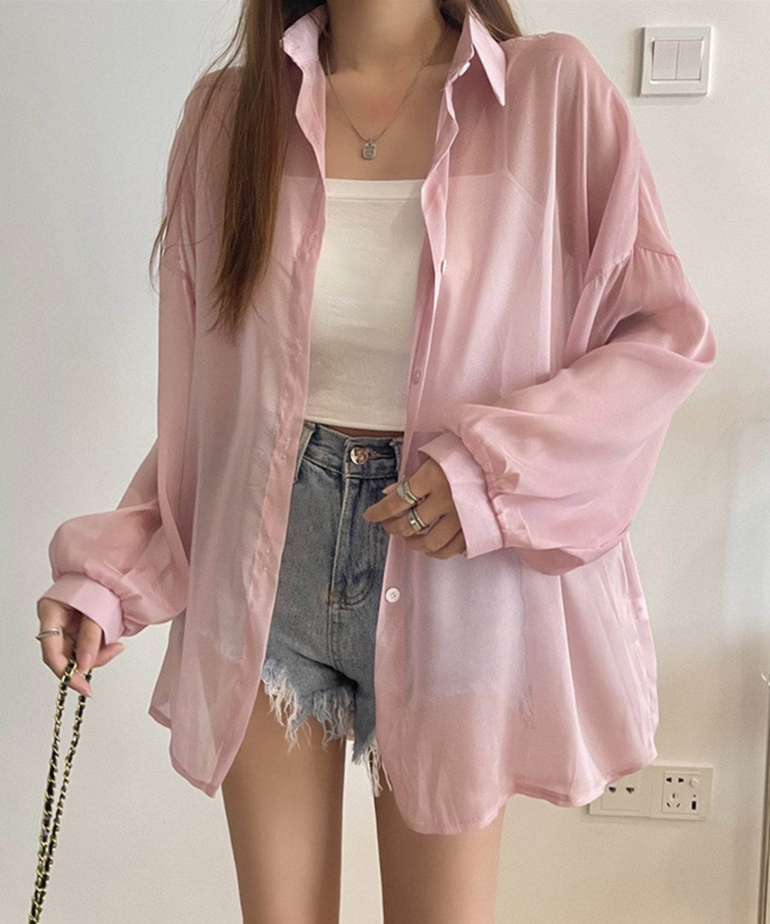 ショップニコニコ ShopNikoNiko シースルー ボリュームシアーシャツ ma 【即納】 トップス シャツ ブラウス 長袖 シアーシャツ シースルー シアー 羽織り オーバーサイズ ビックシルエット