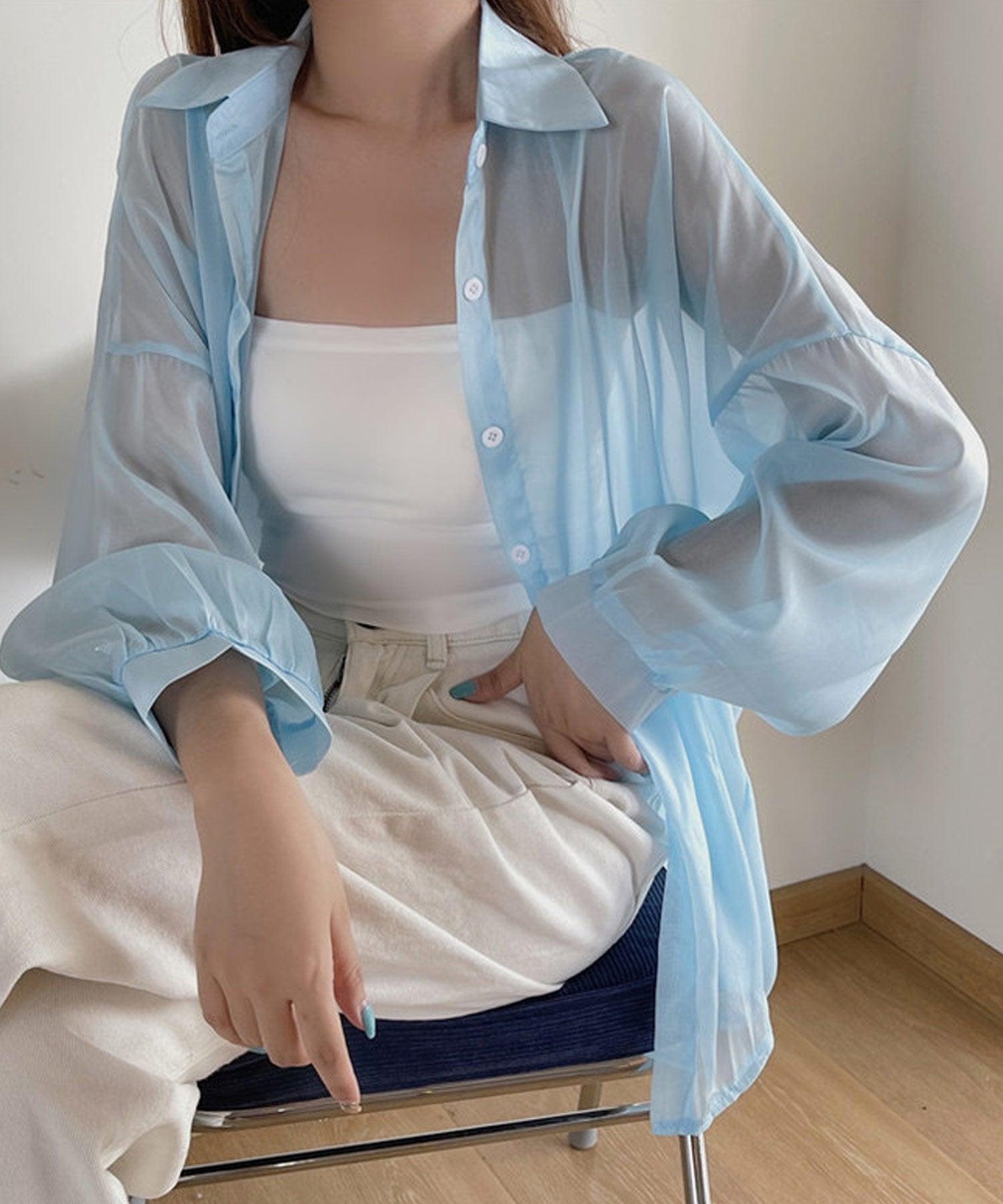 ショップニコニコ ShopNikoNiko シースルー ボリュームシアーシャツ ma 【即納】 トップス シャツ ブラウス 長袖 シアーシャツ シースルー シアー 羽織り オーバーサイズ ビックシルエット