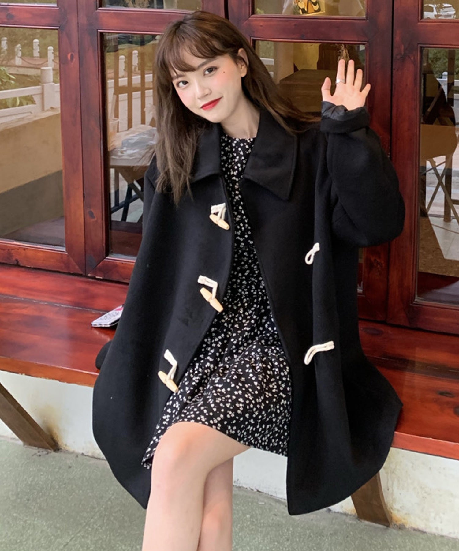 ショップニコニコ ShopNikoNiko ステンカラー トグルボタン ハーフダッフルコート 韓国カジュアル 海外女子 春 秋 冬 アウター コート ジャケット 羽織り ショートコート ショート丈 ハーフ丈