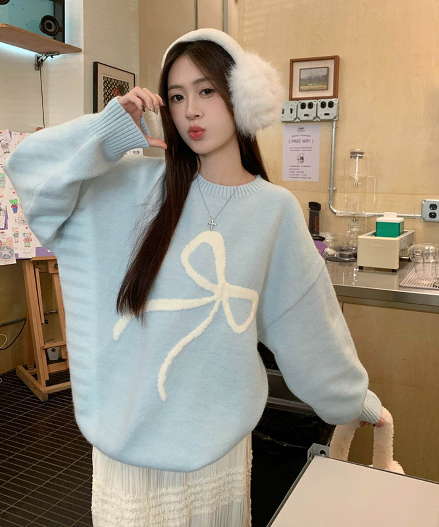 ShopNikoNiko Ribbon Oversized Knit Pullover 【Immediate Delivery】 Korean Casual Girly Spring Autumn Winter Sweater Long Sleeve Loose Fit Ribbon Motif Front Ribbon