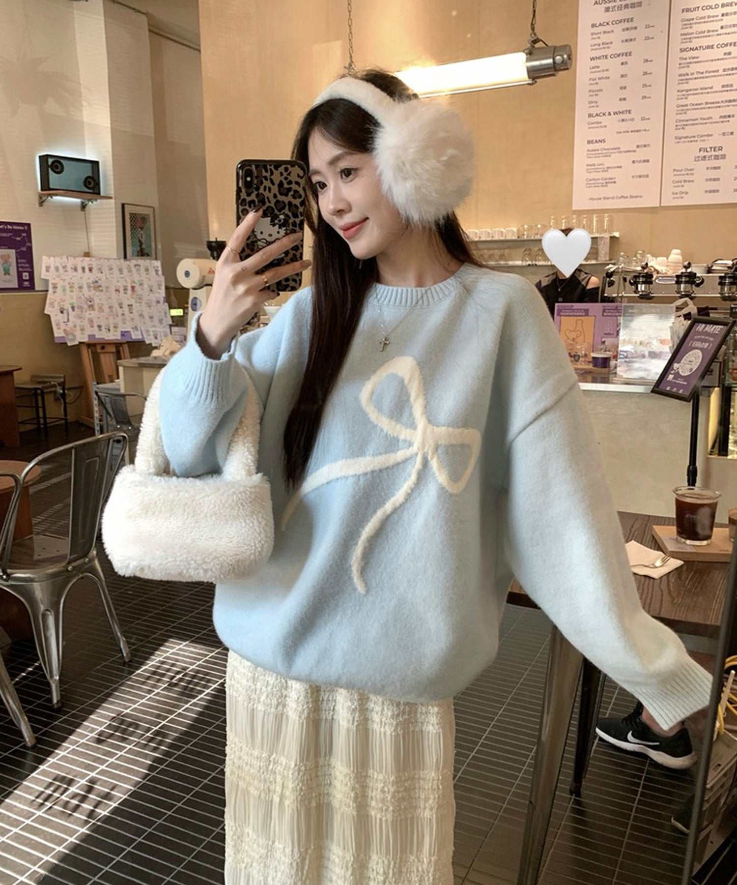 ShopNikoNiko Ribbon Oversized Knit Pullover 【Immediate Delivery】 Korean Casual Girly Spring Autumn Winter Sweater Long Sleeve Loose Fit Ribbon Motif Front Ribbon
