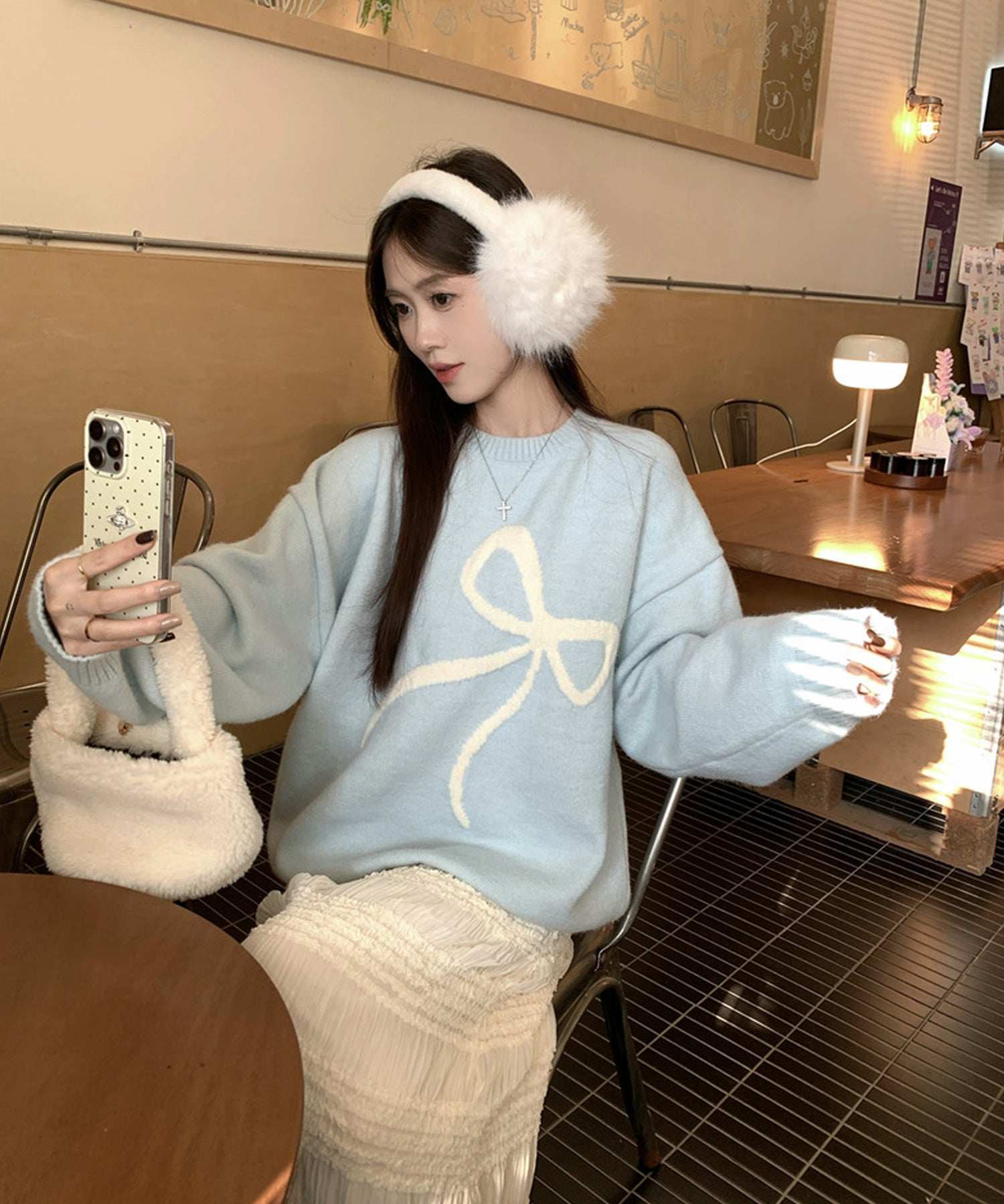 ShopNikoNiko Ribbon Oversized Knit Pullover 【Immediate Delivery】 Korean Casual Girly Spring Autumn Winter Sweater Long Sleeve Loose Fit Ribbon Motif Front Ribbon