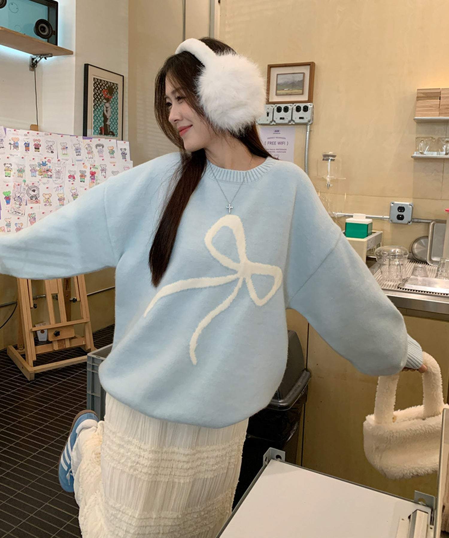 ShopNikoNiko Ribbon Oversized Knit Pullover 【Immediate Delivery】 Korean Casual Girly Spring Autumn Winter Sweater Long Sleeve Loose Fit Ribbon Motif Front Ribbon