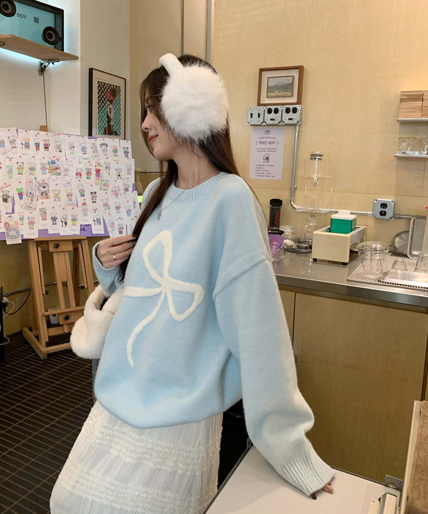 ShopNikoNiko Ribbon Oversized Knit Pullover 【Immediate Delivery】 Korean Casual Girly Spring Autumn Winter Sweater Long Sleeve Loose Fit Ribbon Motif Front Ribbon
