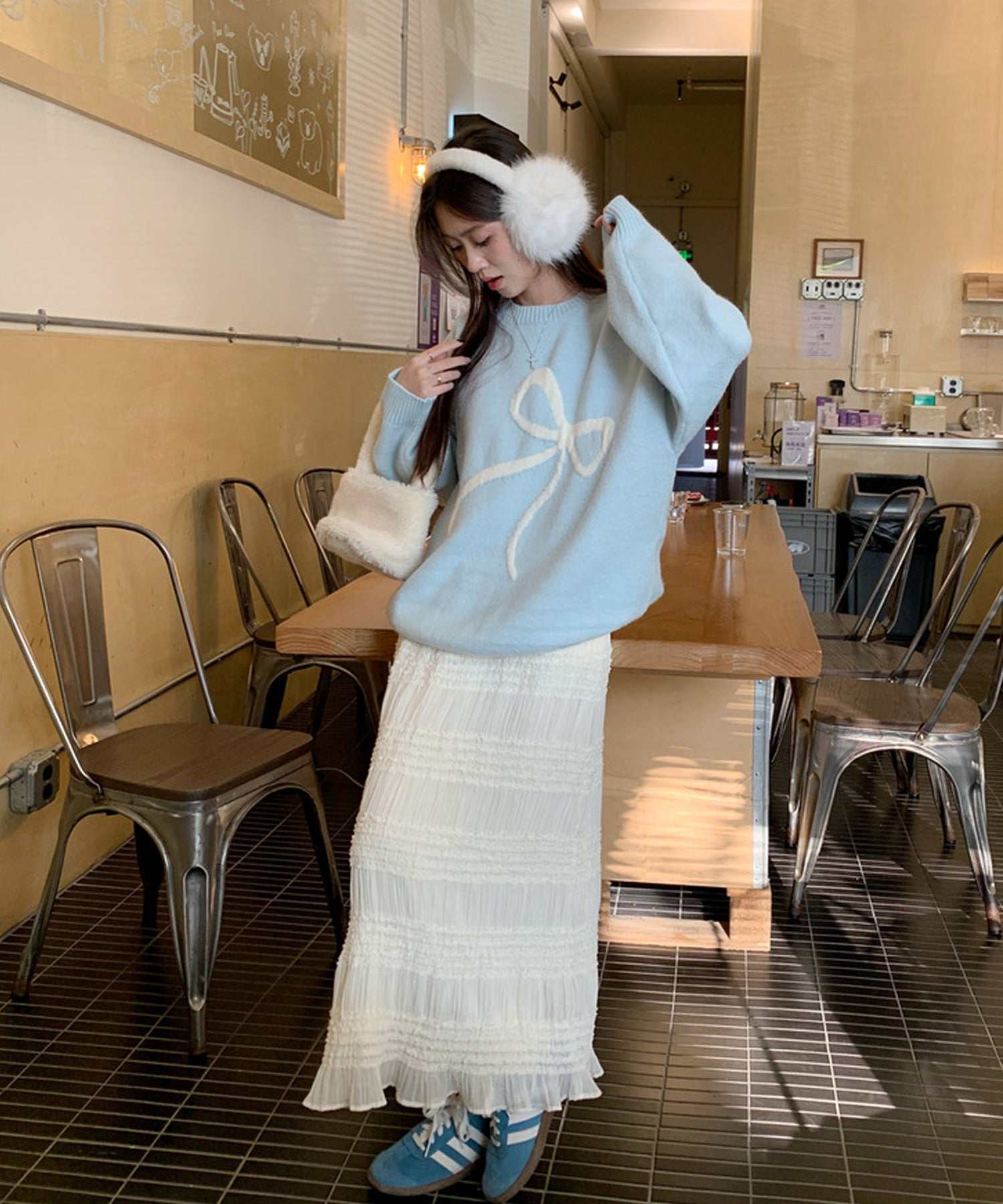 ShopNikoNiko Ribbon Oversized Knit Pullover 【Immediate Delivery】 Korean Casual Girly Spring Autumn Winter Sweater Long Sleeve Loose Fit Ribbon Motif Front Ribbon