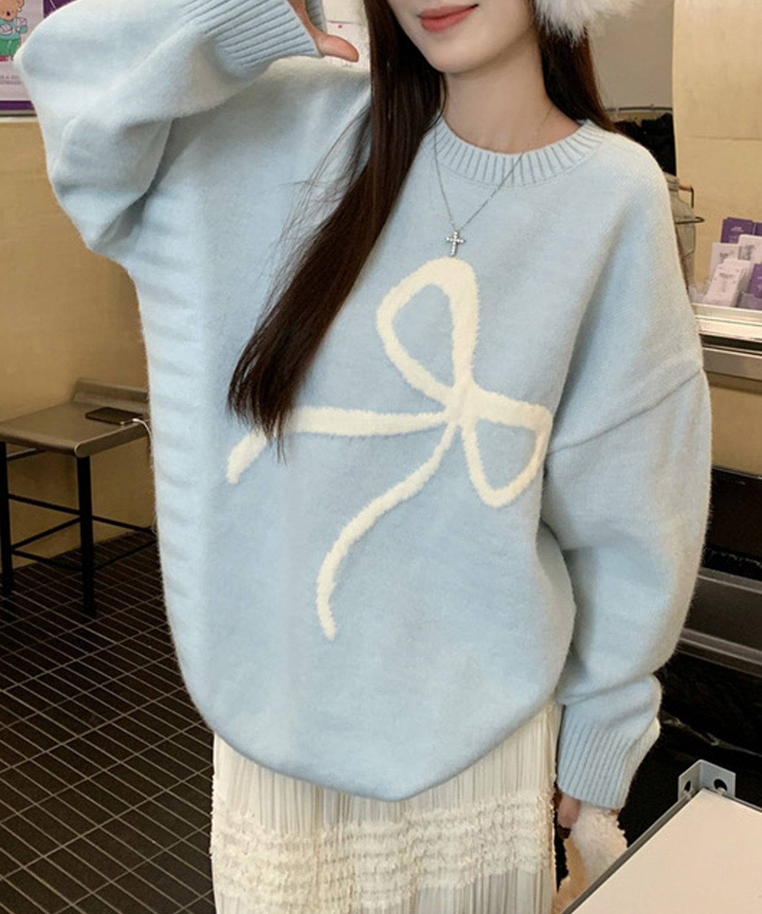 ShopNikoNiko Ribbon Oversized Knit Pullover 【Immediate Delivery】 Korean Casual Girly Spring Autumn Winter Sweater Long Sleeve Loose Fit Ribbon Motif Front Ribbon