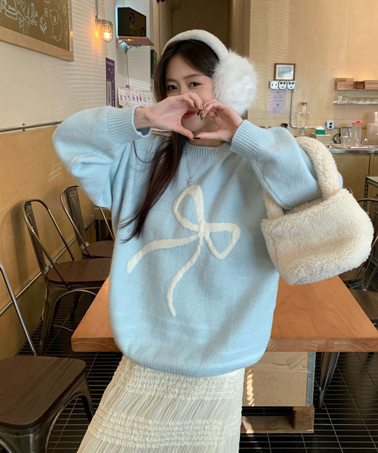 ShopNikoNiko Ribbon Oversized Knit Pullover 【Immediate Delivery】 Korean Casual Girly Spring Autumn Winter Sweater Long Sleeve Loose Fit Ribbon Motif Front Ribbon