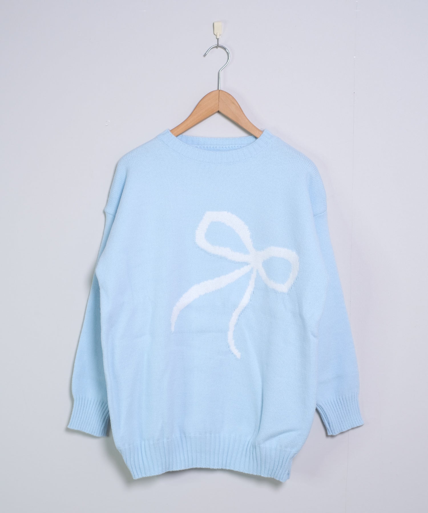 ShopNikoNiko Ribbon Oversized Knit Pullover 【Immediate Delivery】 Korean Casual Girly Spring Autumn Winter Sweater Long Sleeve Loose Fit Ribbon Motif Front Ribbon