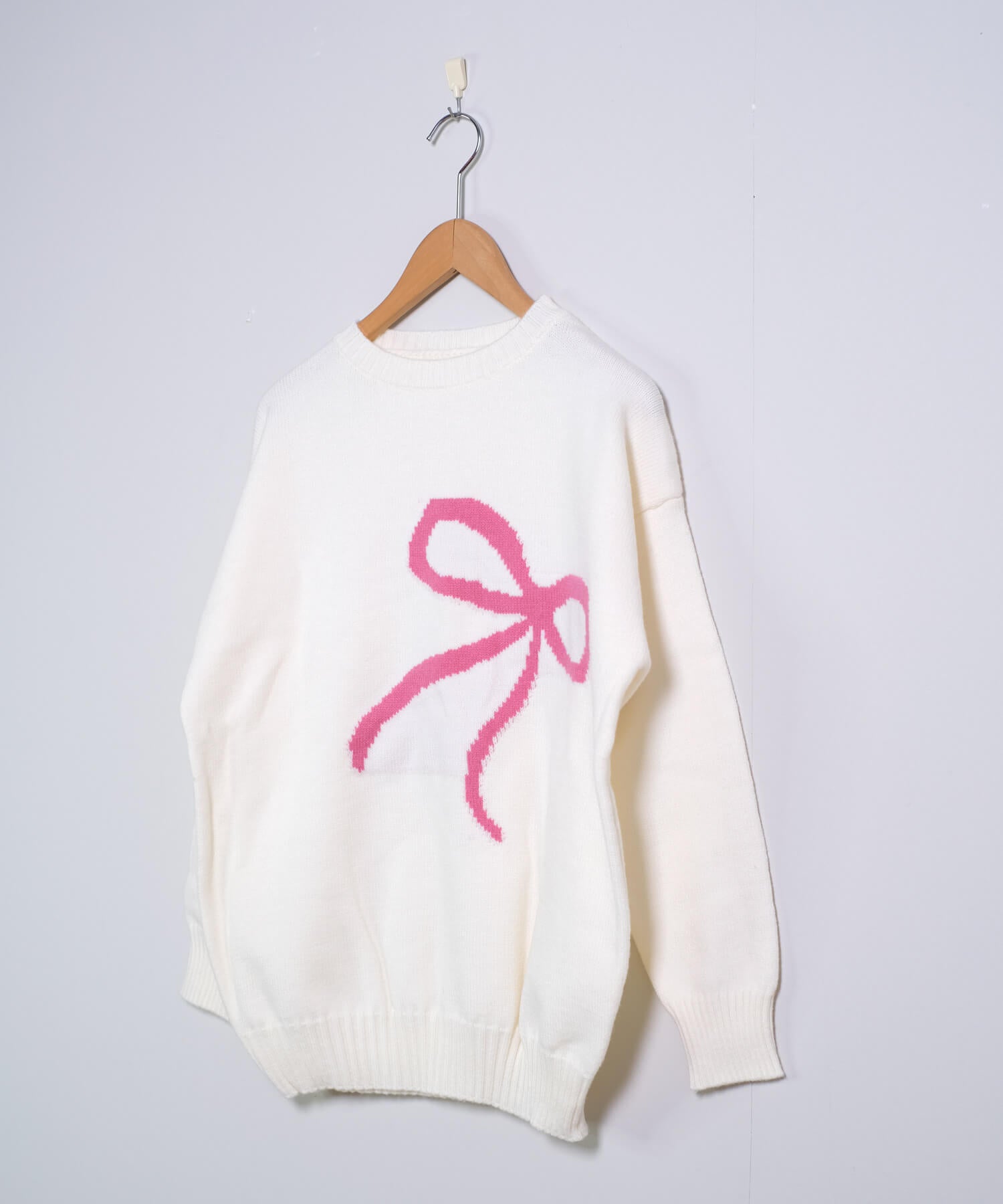 ShopNikoNiko Ribbon Oversized Knit Pullover 【Immediate Delivery】 Korean Casual Girly Spring Autumn Winter Sweater Long Sleeve Loose Fit Ribbon Motif Front Ribbon