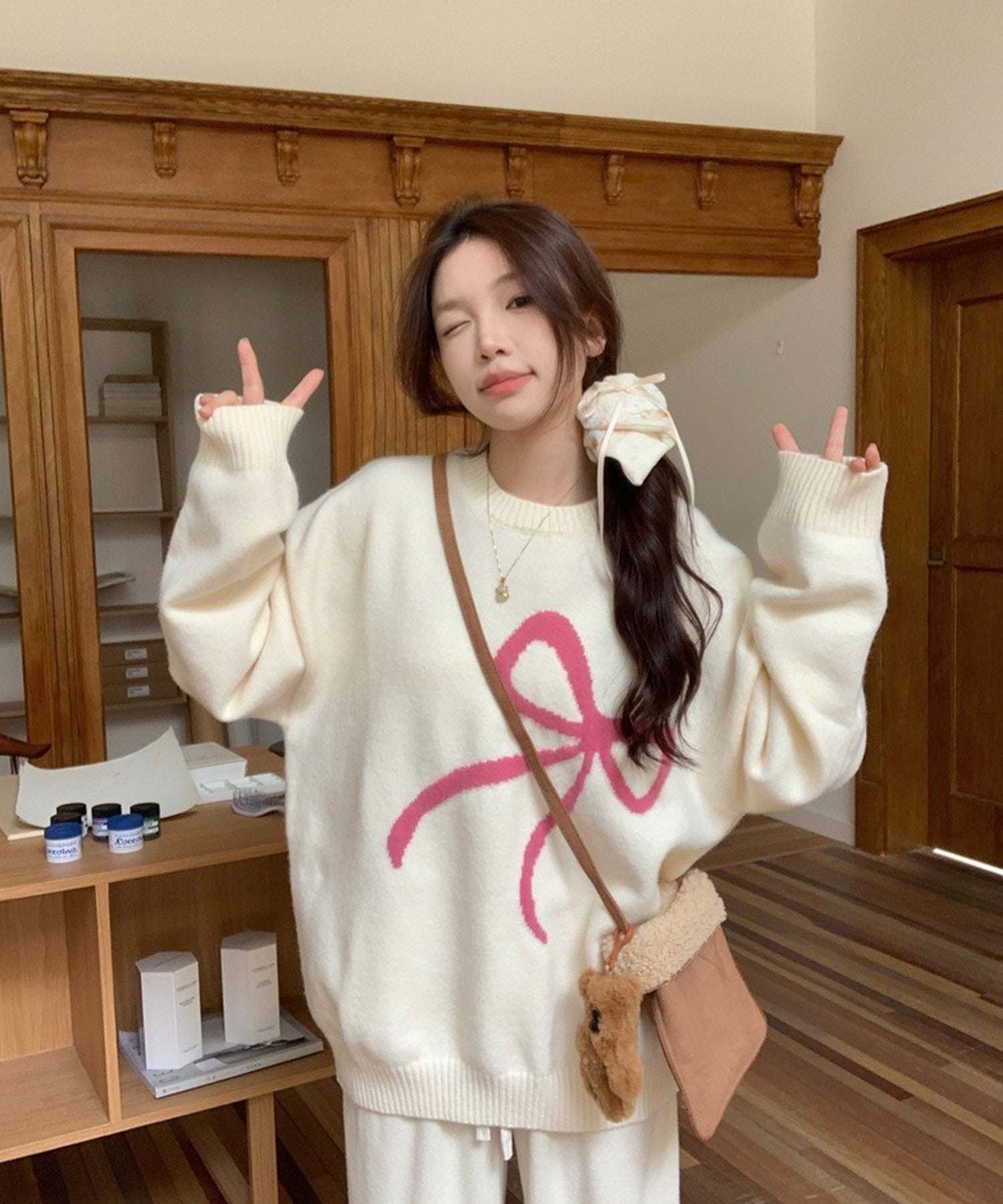 ShopNikoNiko Ribbon Oversized Knit Pullover 【Immediate Delivery】 Korean Casual Girly Spring Autumn Winter Sweater Long Sleeve Loose Fit Ribbon Motif Front Ribbon
