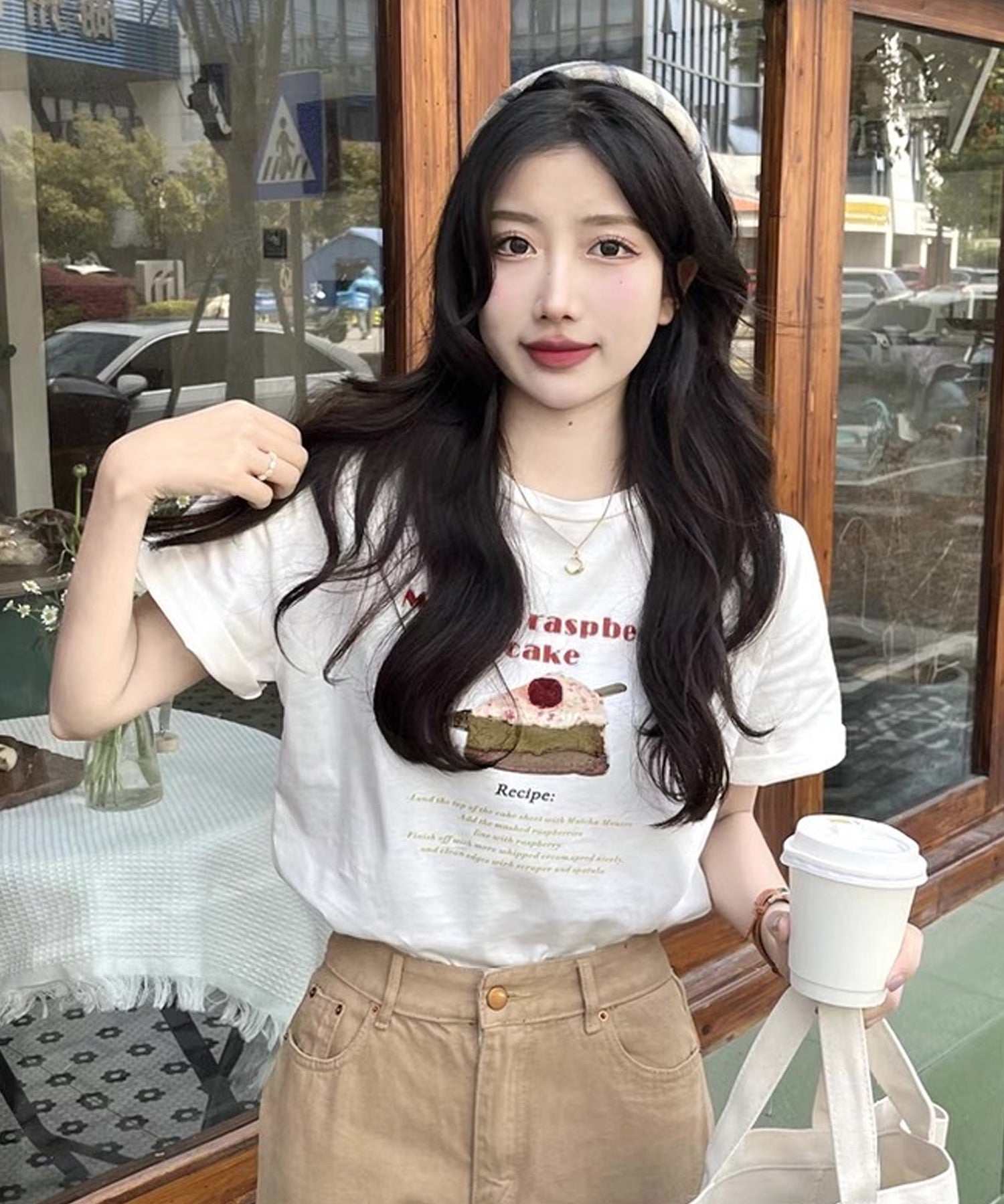 ショップニコニコ ShopNikoNiko ケーキプリント クルーネック Tシャツ ma【即納】韓国カジュアル カジュアル トップス 半袖 ケーキ Matchaケーキ ロゴ 英字ロゴ ロゴT ロゴTシャツ （ホワイト） ホワイト