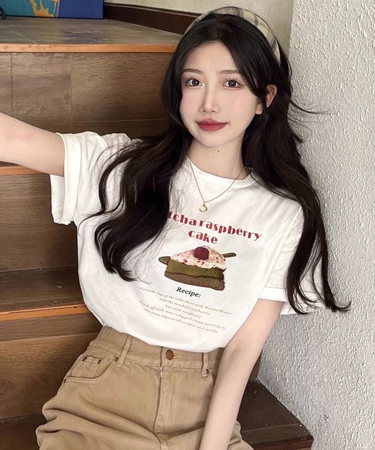 ショップニコニコ ShopNikoNiko ケーキプリント クルーネック Tシャツ ma【即納】韓国カジュアル カジュアル トップス 半袖 ケーキ Matchaケーキ ロゴ 英字ロゴ ロゴT ロゴTシャツ （ホワイト） ホワイト