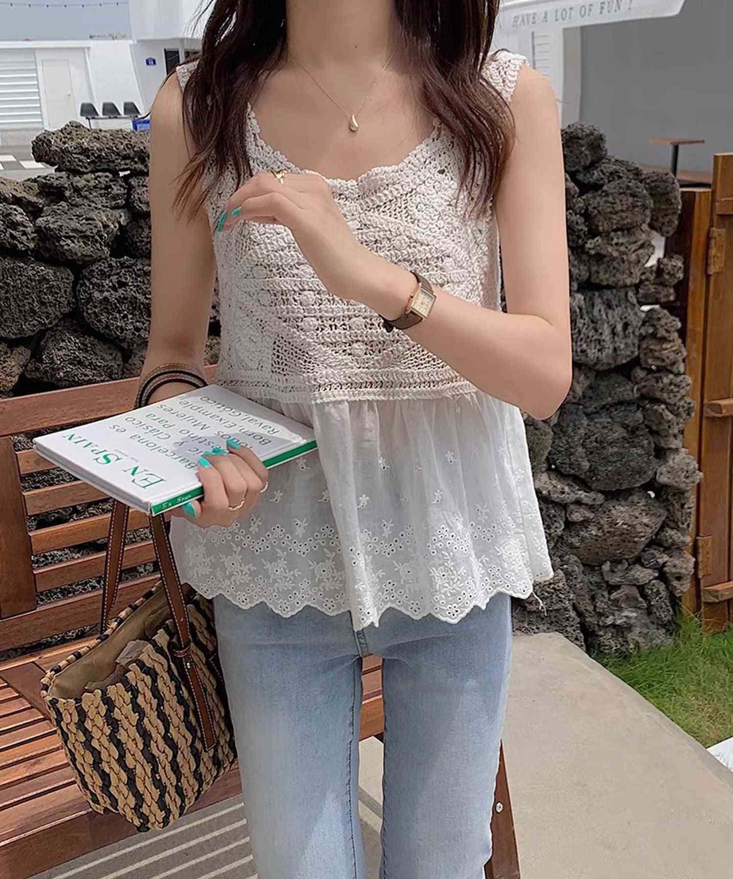 ショップニコニコ ShopNikoNiko クロシェ編み 刺繍レース ドッキングビスチェ ma【即納】韓国カジュアル 韓国ガーリー フレンチガーリー 春 夏 秋 チュニック キャミ フラワーレース 重ね着 （ホワイト） ホワイト