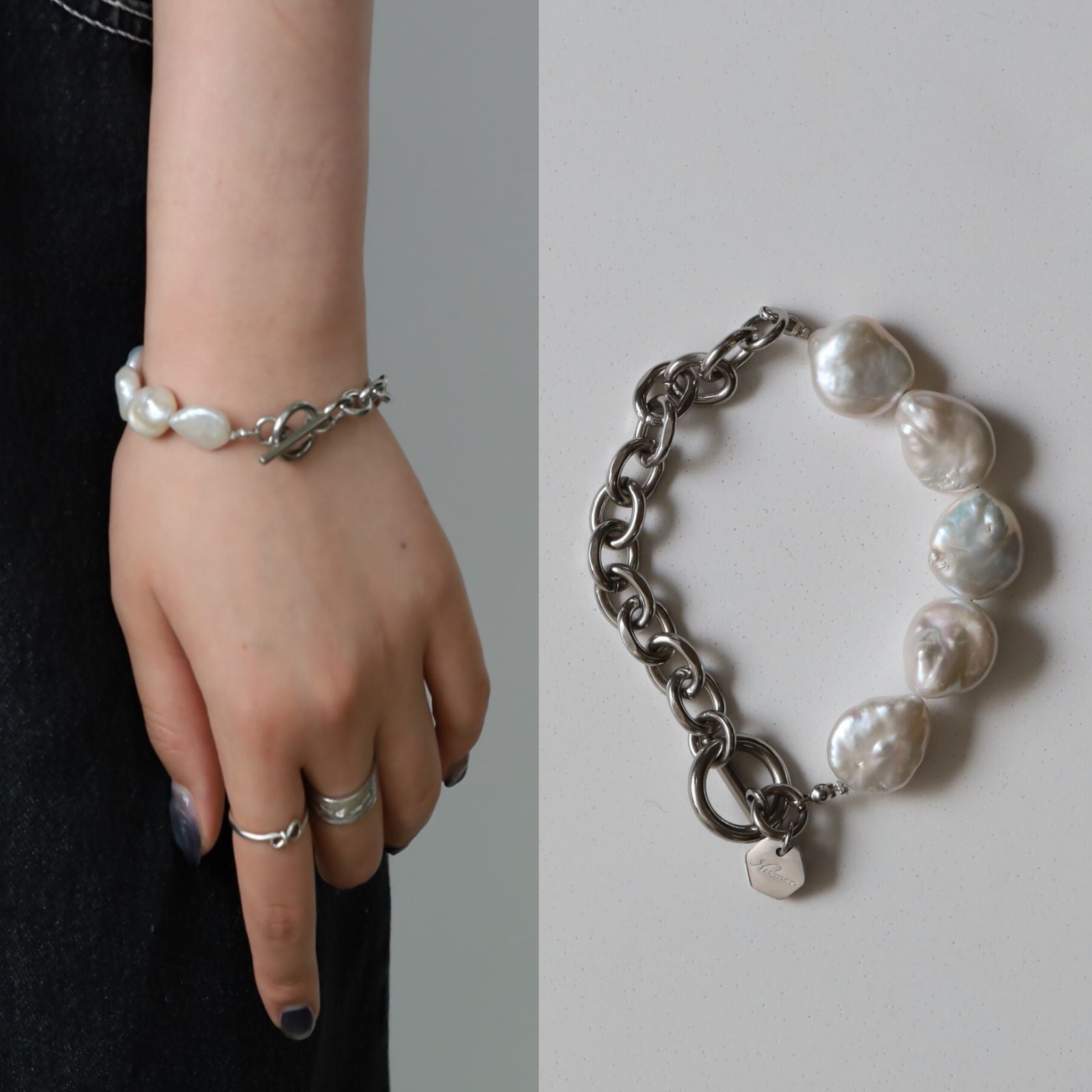 ノエルマーケット Noelmarket 上品とモードが調和する 淡水パール×ステンレスのチェーンブレスレット 金属アレルギー対応 ハンドメイド （シルバー） シルバー