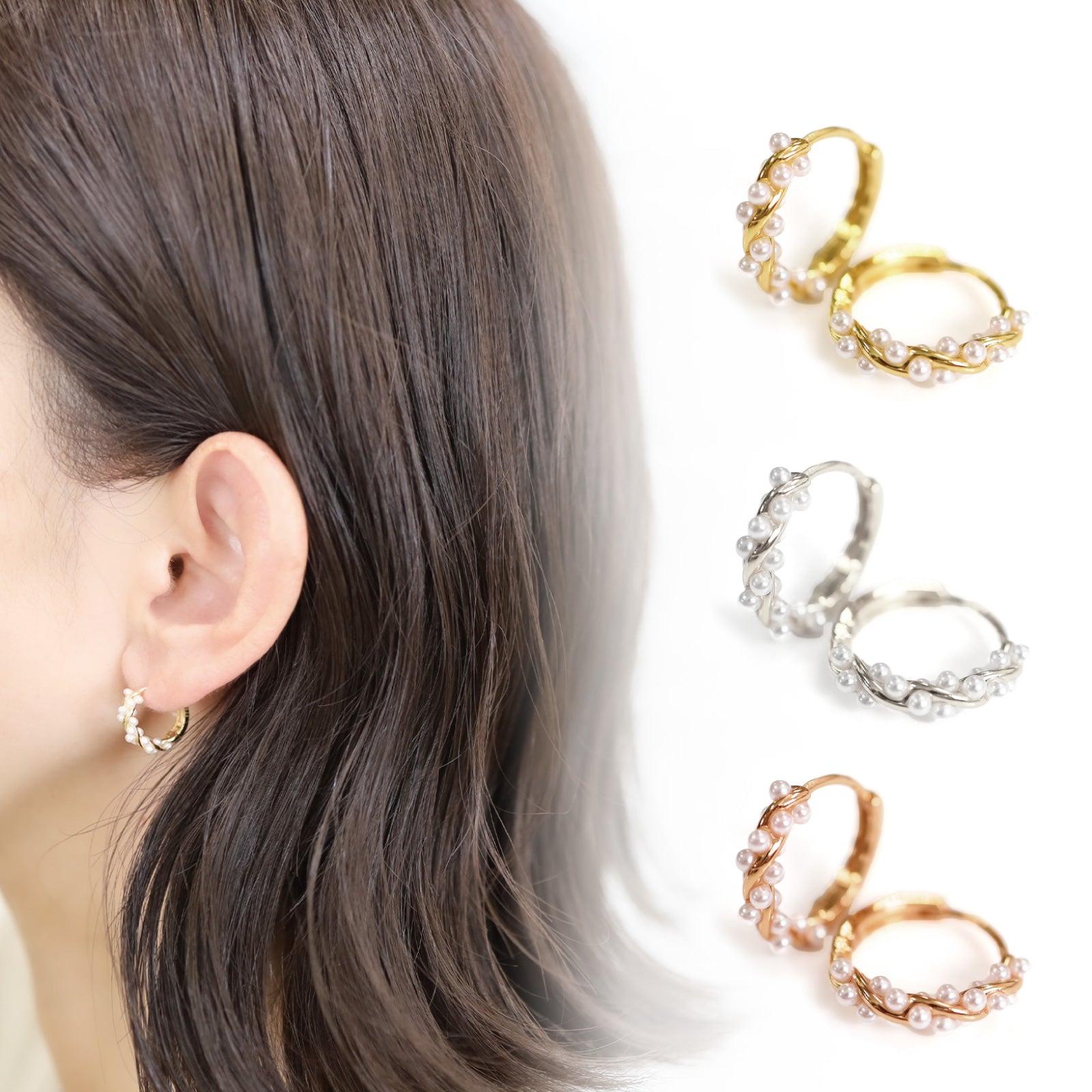 Noelmarket Earrings, Hypoallergenic, Hoop Earrings, Permanent, Pearl, 18k, Party, Women, Adults, Girlfriend, Birthday, Gift