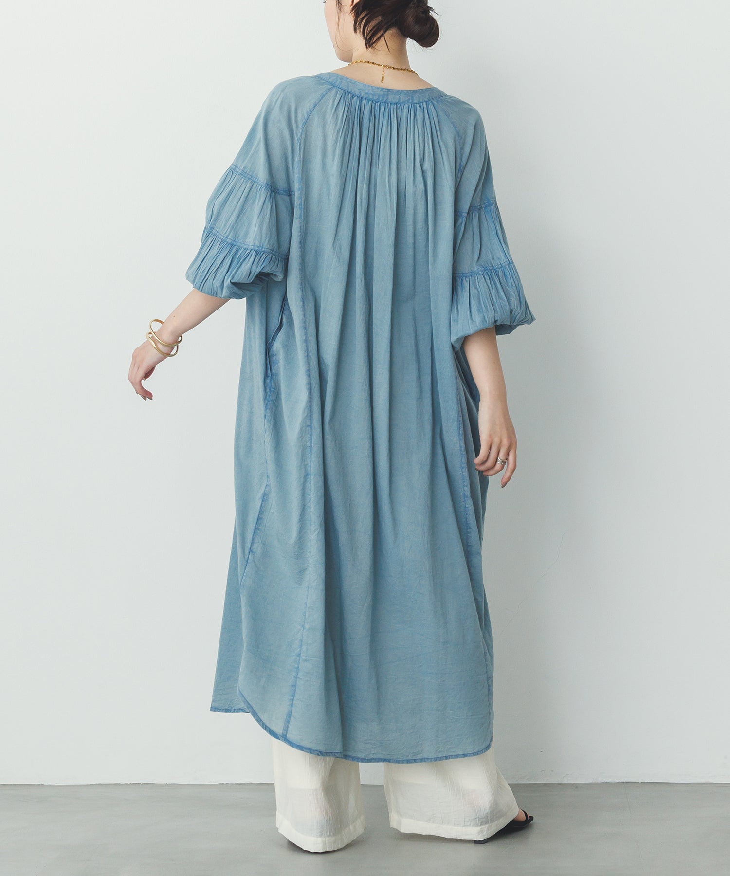 ノイア Noia コットンボイル 七分袖 ボリュームスリーブ シャツワンピース （グレイッシュブルー） グレイッシュブルー