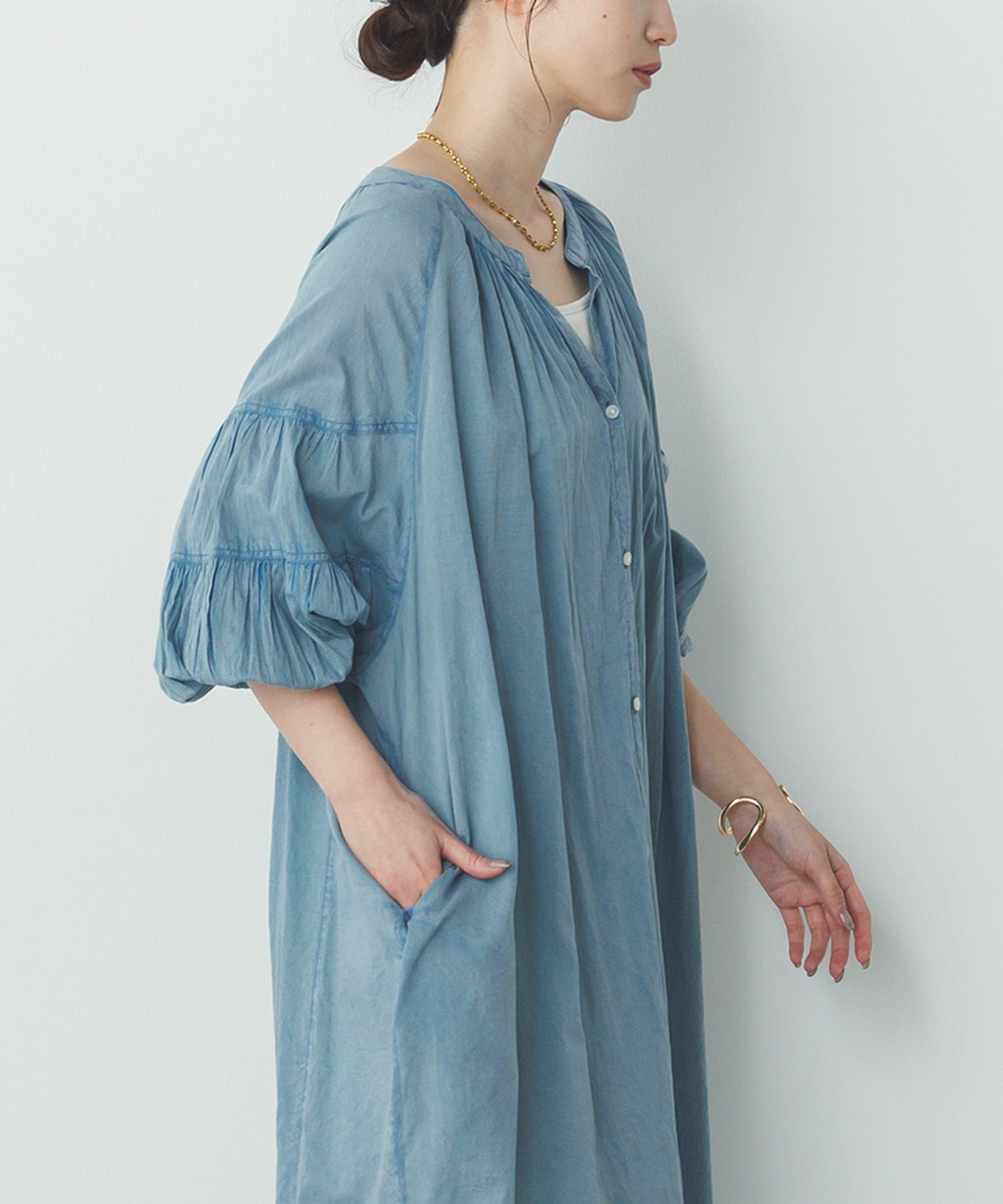 ノイア Noia コットンボイル 七分袖 ボリュームスリーブ シャツワンピース （グレイッシュブルー） グレイッシュブルー