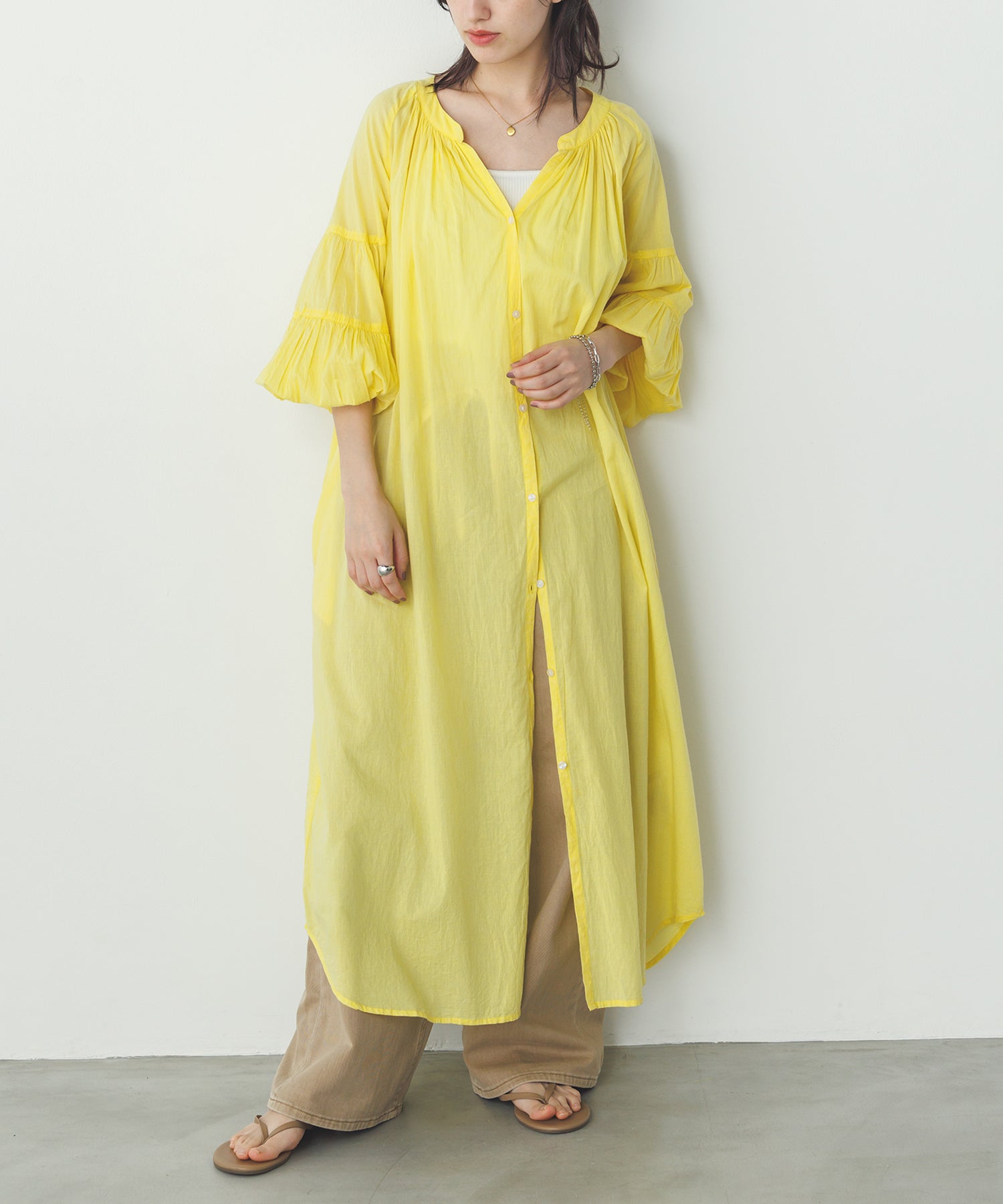 ノイア Noia コットンボイル 七分袖 ボリュームスリーブ シャツワンピース （イエロー） イエロー